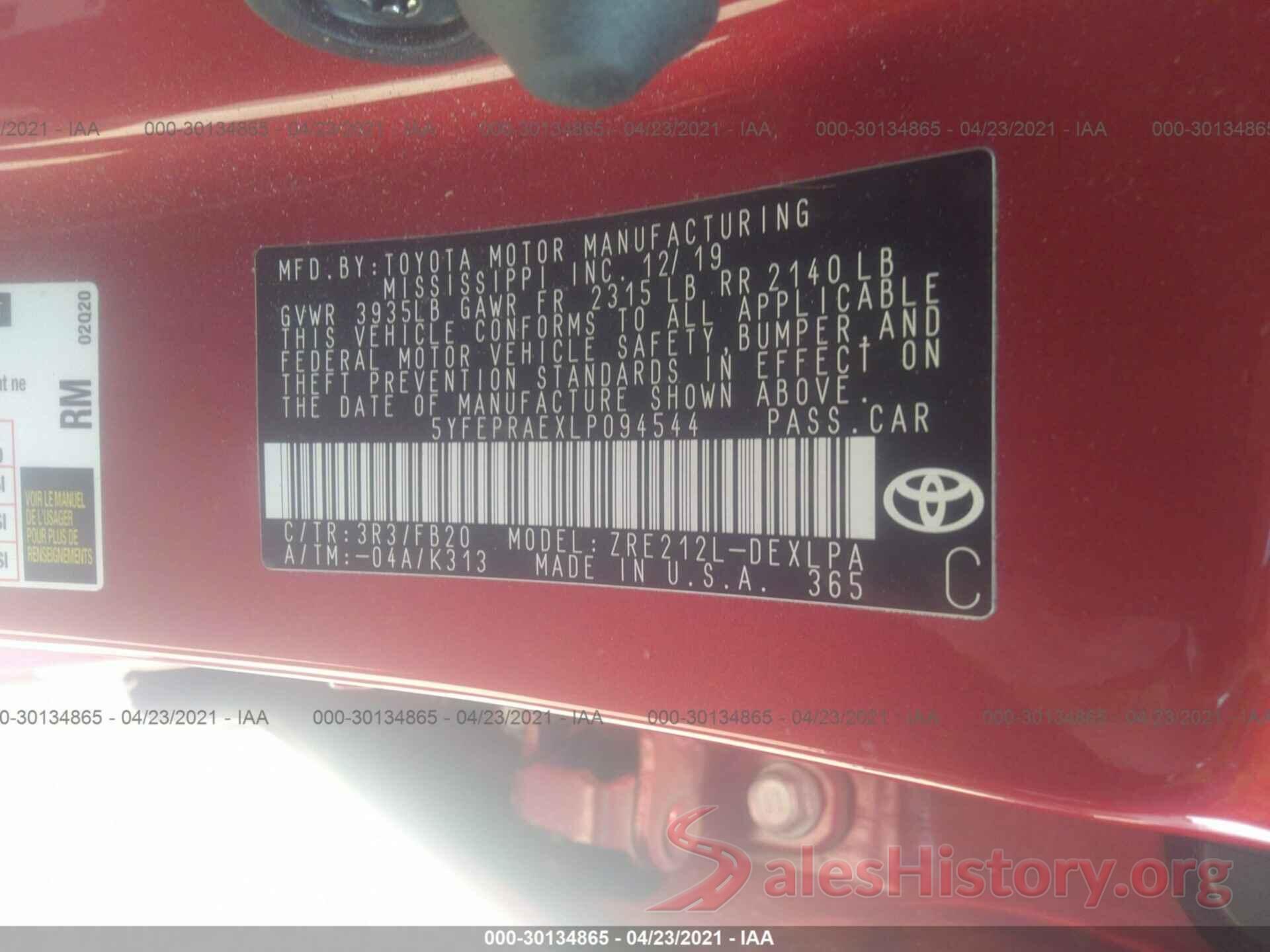 5YFEPRAEXLP094544 2020 TOYOTA COROLLA