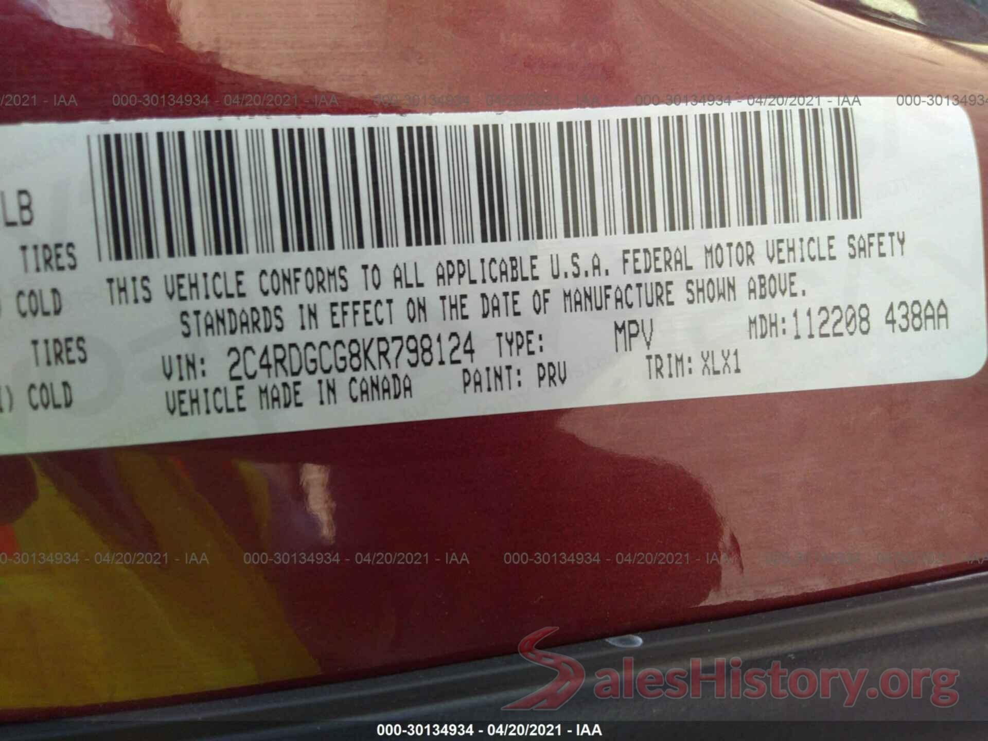 2C4RDGCG8KR798124 2019 DODGE GRAND CARAVAN