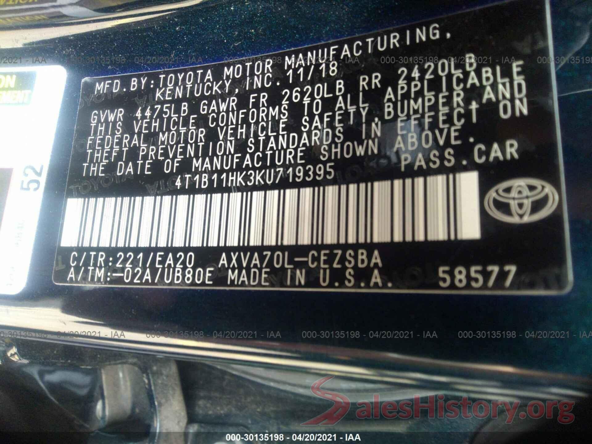 4T1B11HK3KU719395 2019 TOYOTA CAMRY