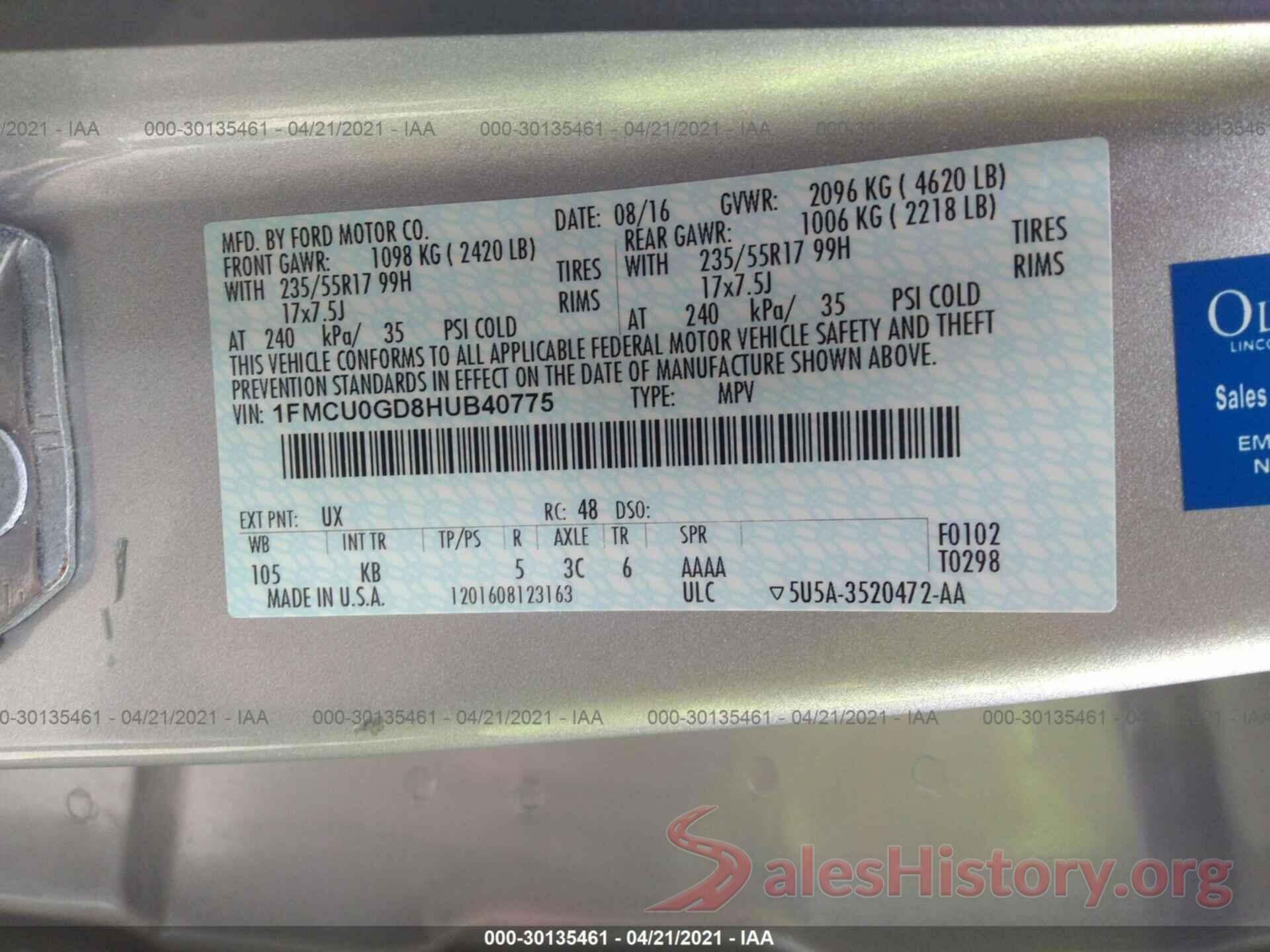 1FMCU0GD8HUB40775 2017 FORD ESCAPE