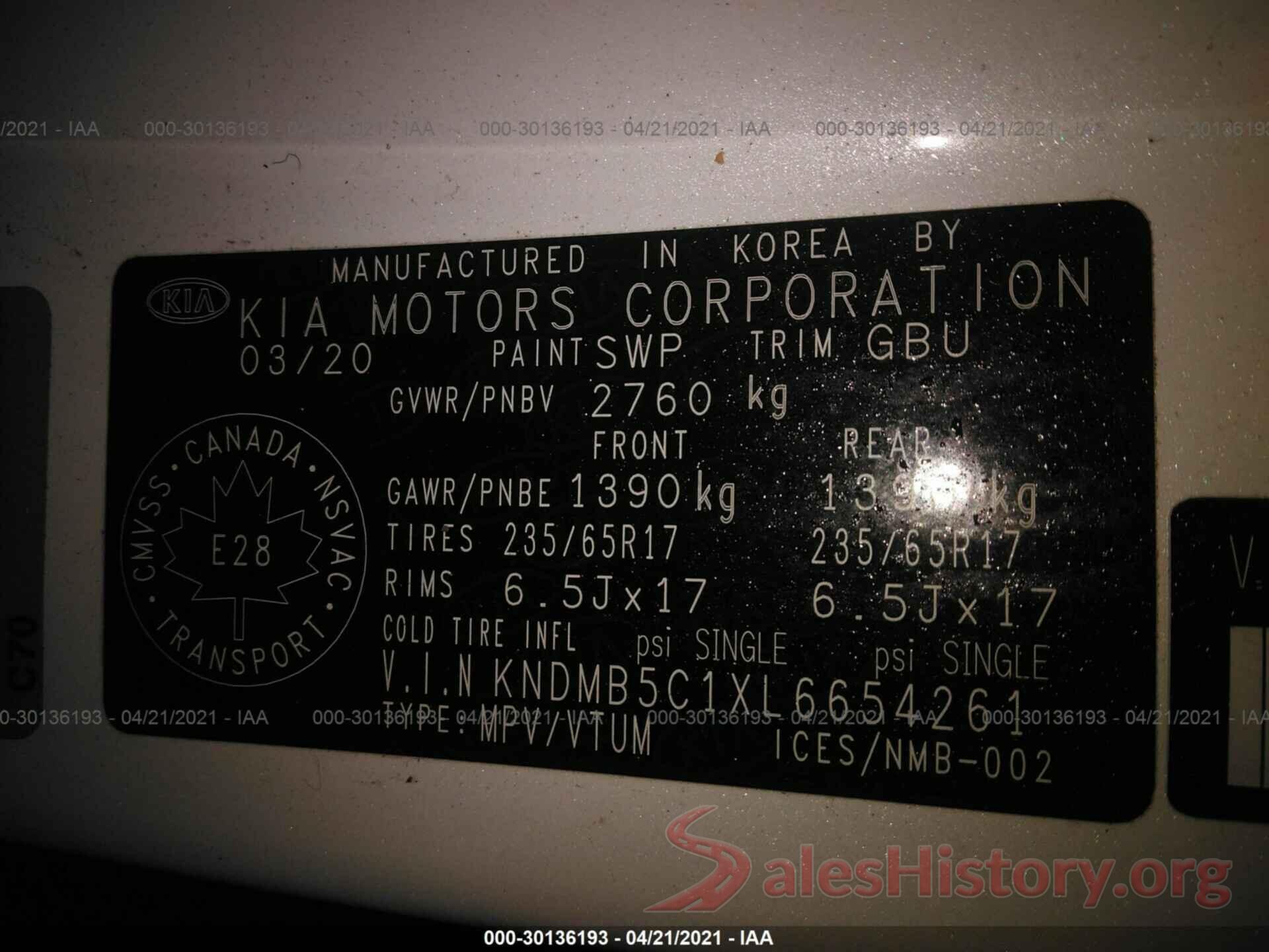 KNDMB5C1XL6654261 2020 KIA SEDONA