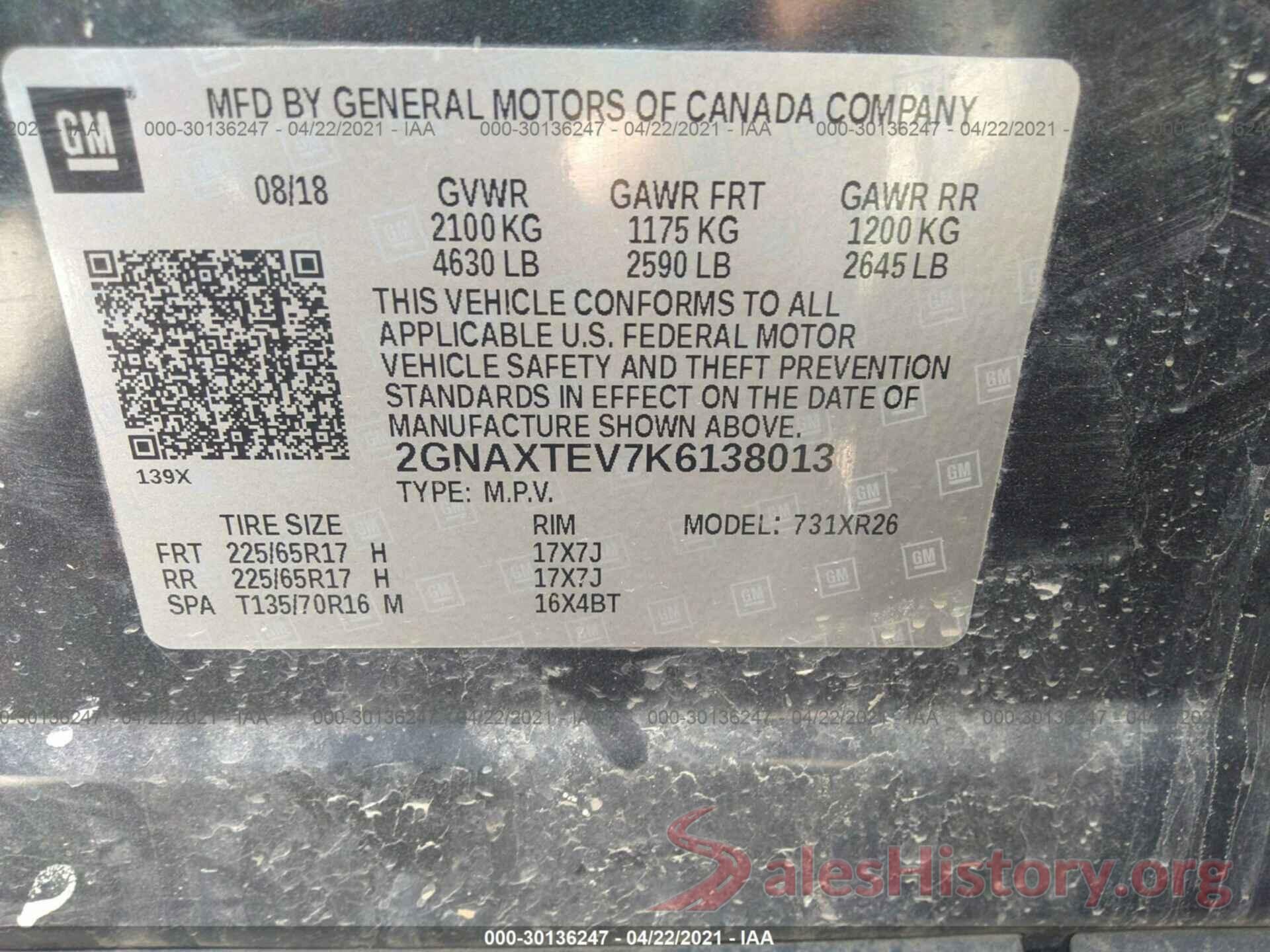 2GNAXTEV7K6138013 2019 CHEVROLET EQUINOX