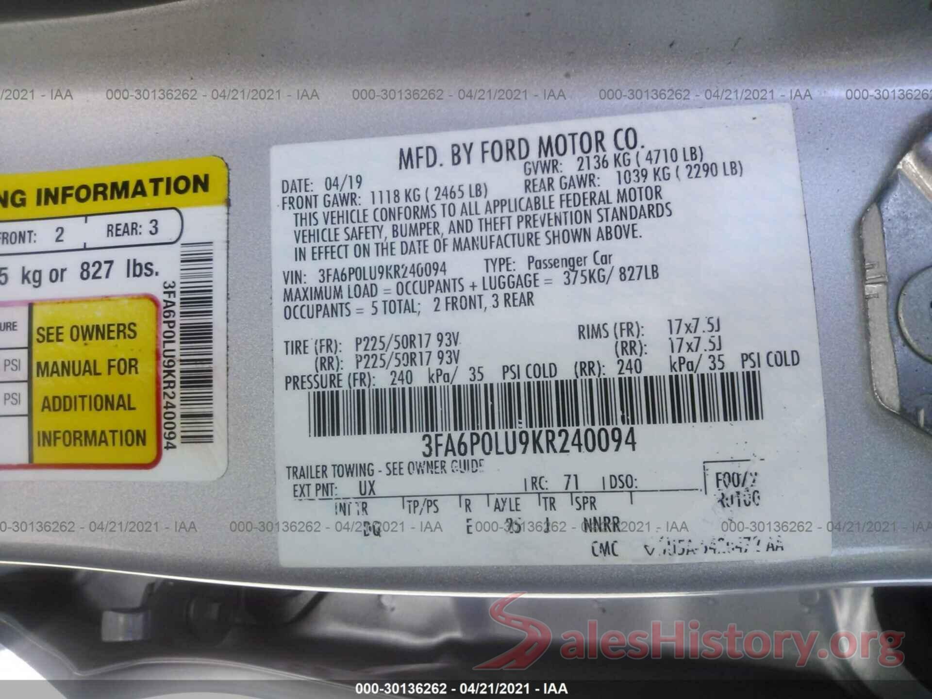 3FA6P0LU9KR240094 2019 FORD FUSION HYBRID