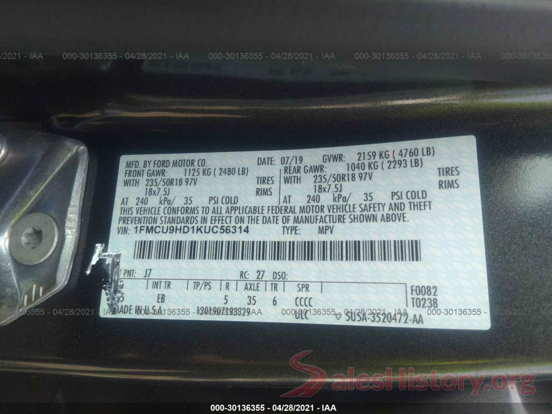 1FMCU9HD1KUC56314 2019 FORD ESCAPE