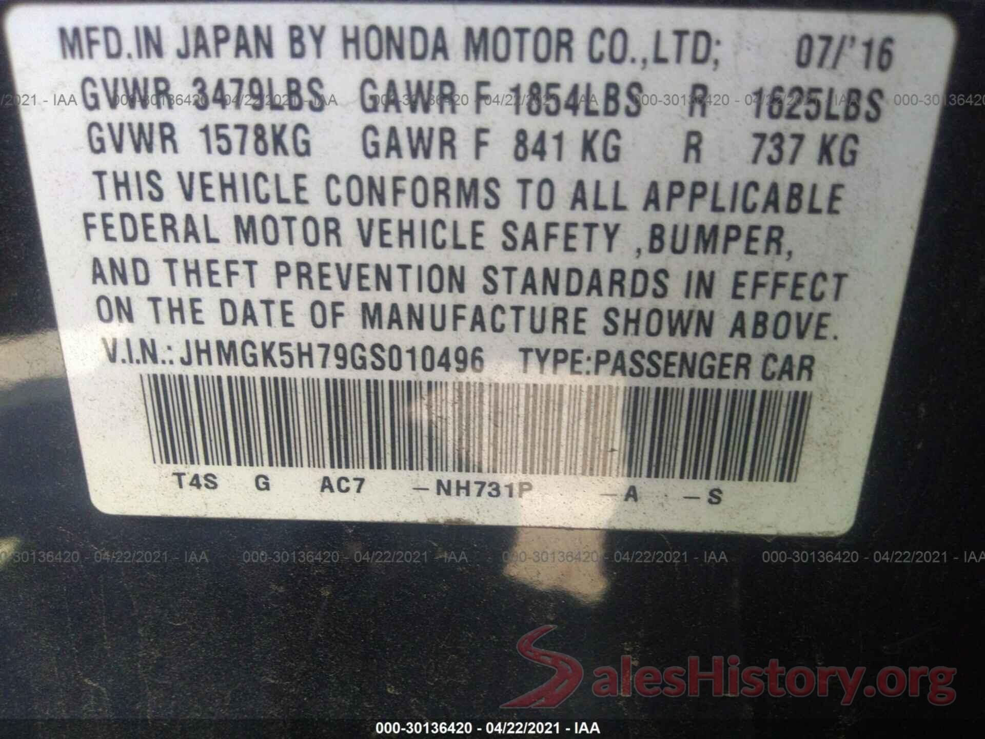 JHMGK5H79GS010496 2016 HONDA FIT