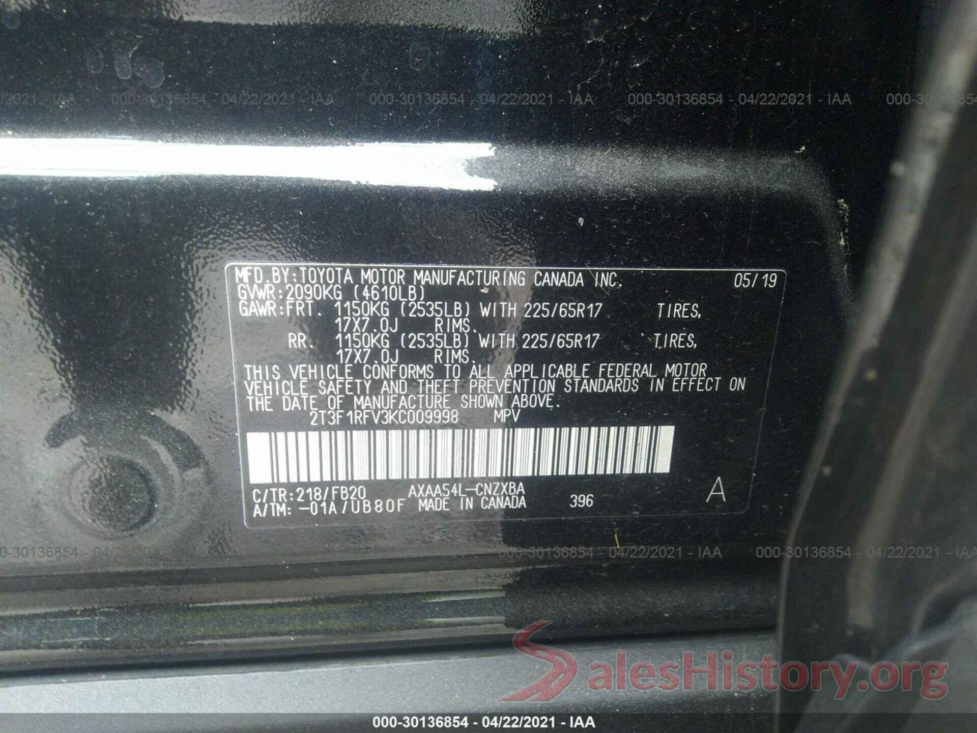 2T3F1RFV3KC009998 2019 TOYOTA RAV4