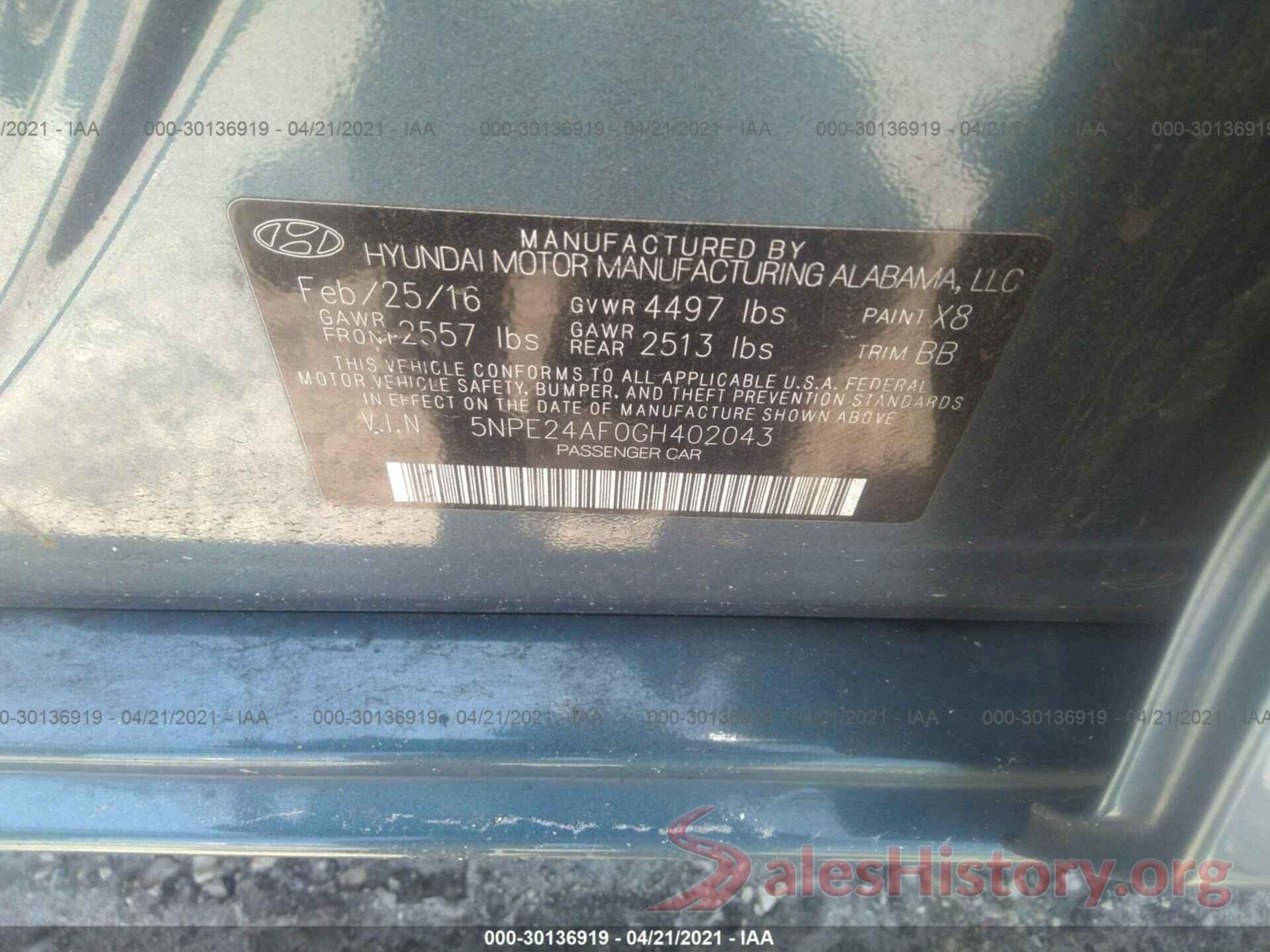 5NPE24AF0GH402043 2016 HYUNDAI SONATA