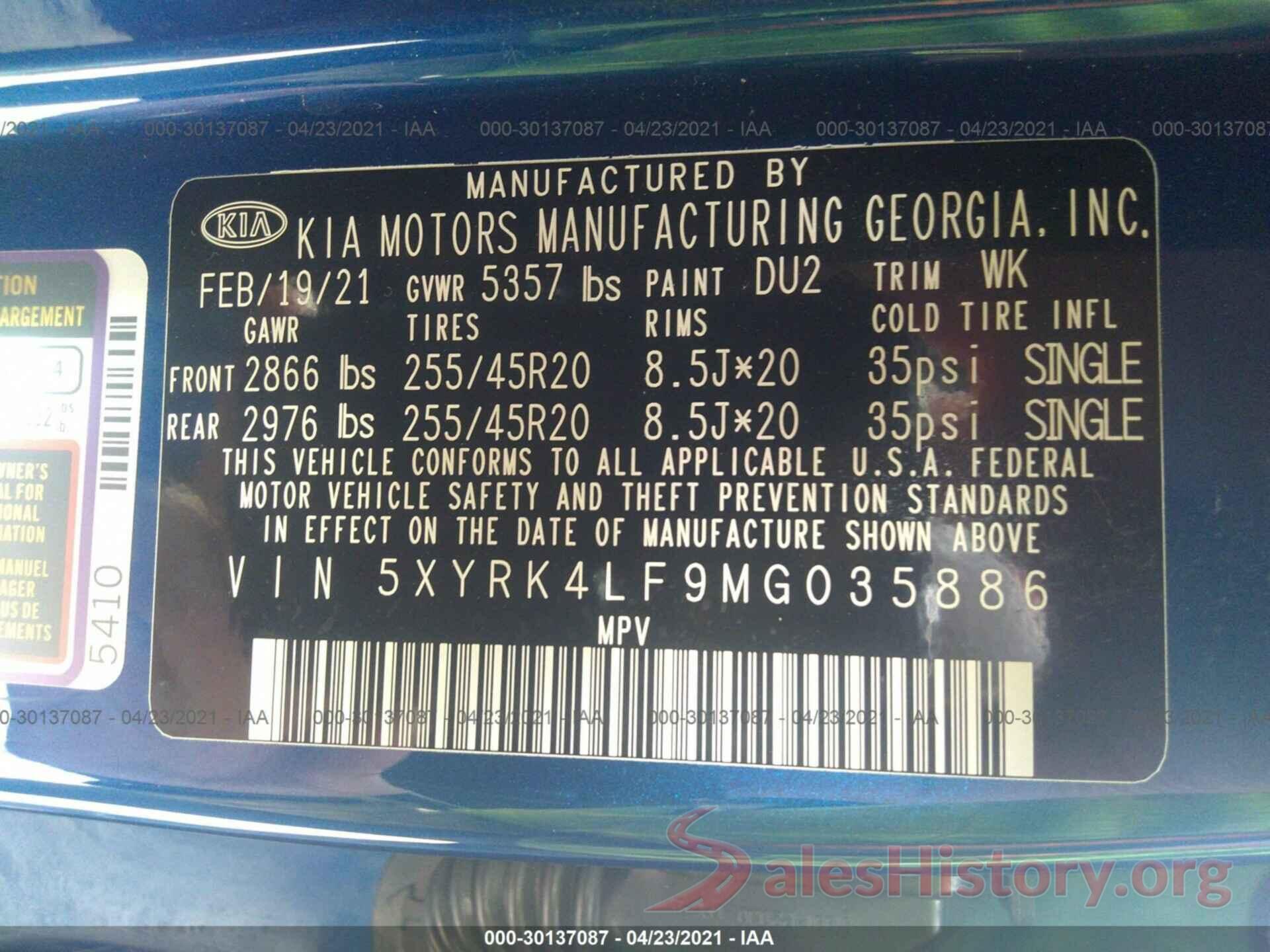 5XYRK4LF9MG035886 2021 KIA SORENTO