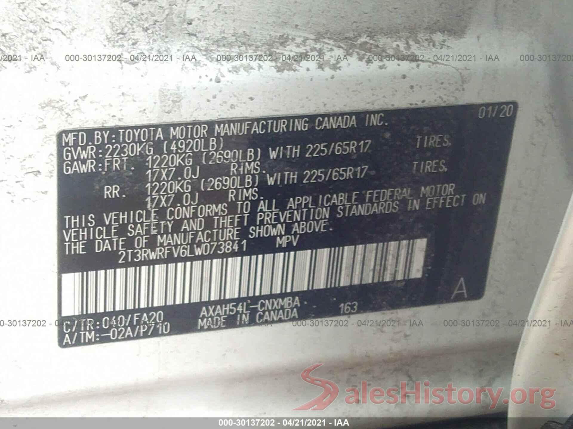 2T3RWRFV6LW073841 2020 TOYOTA RAV4