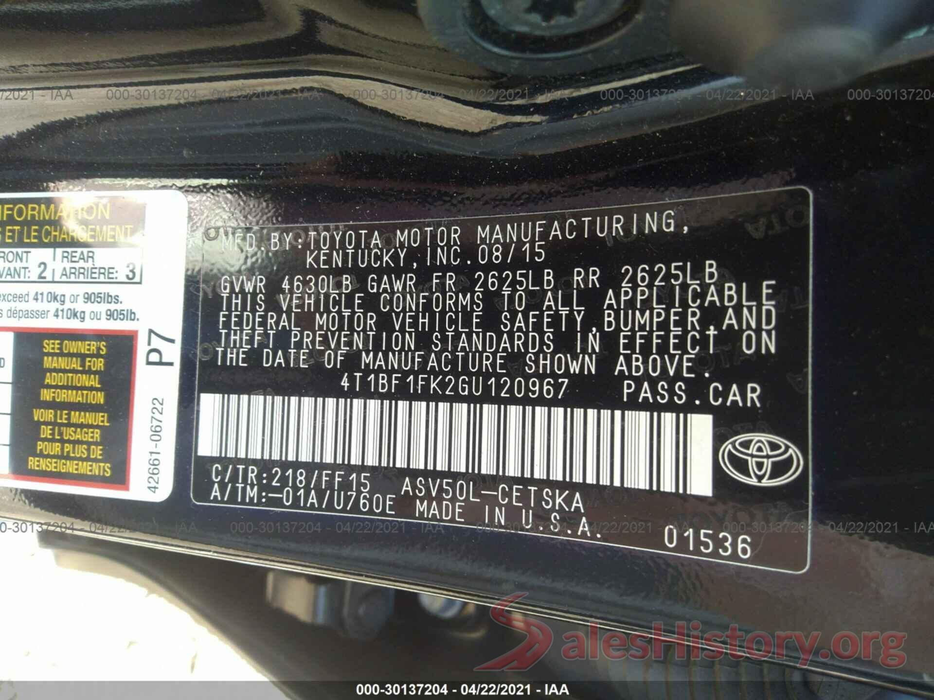 4T1BF1FK2GU120967 2016 TOYOTA CAMRY