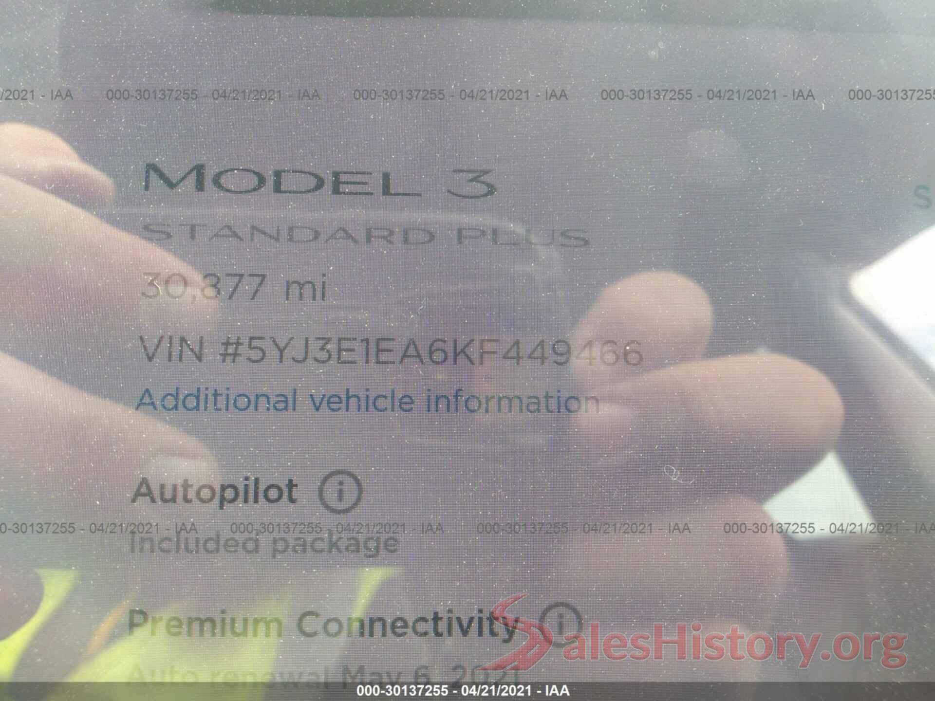 5YJ3E1EA6KF449466 2019 TESLA MODEL 3