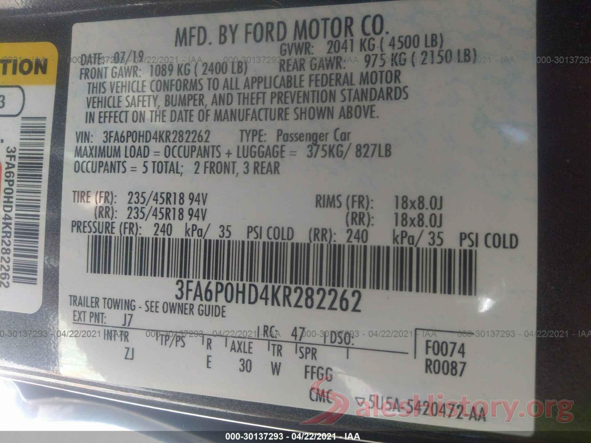 3FA6P0HD4KR282262 2019 FORD FUSION