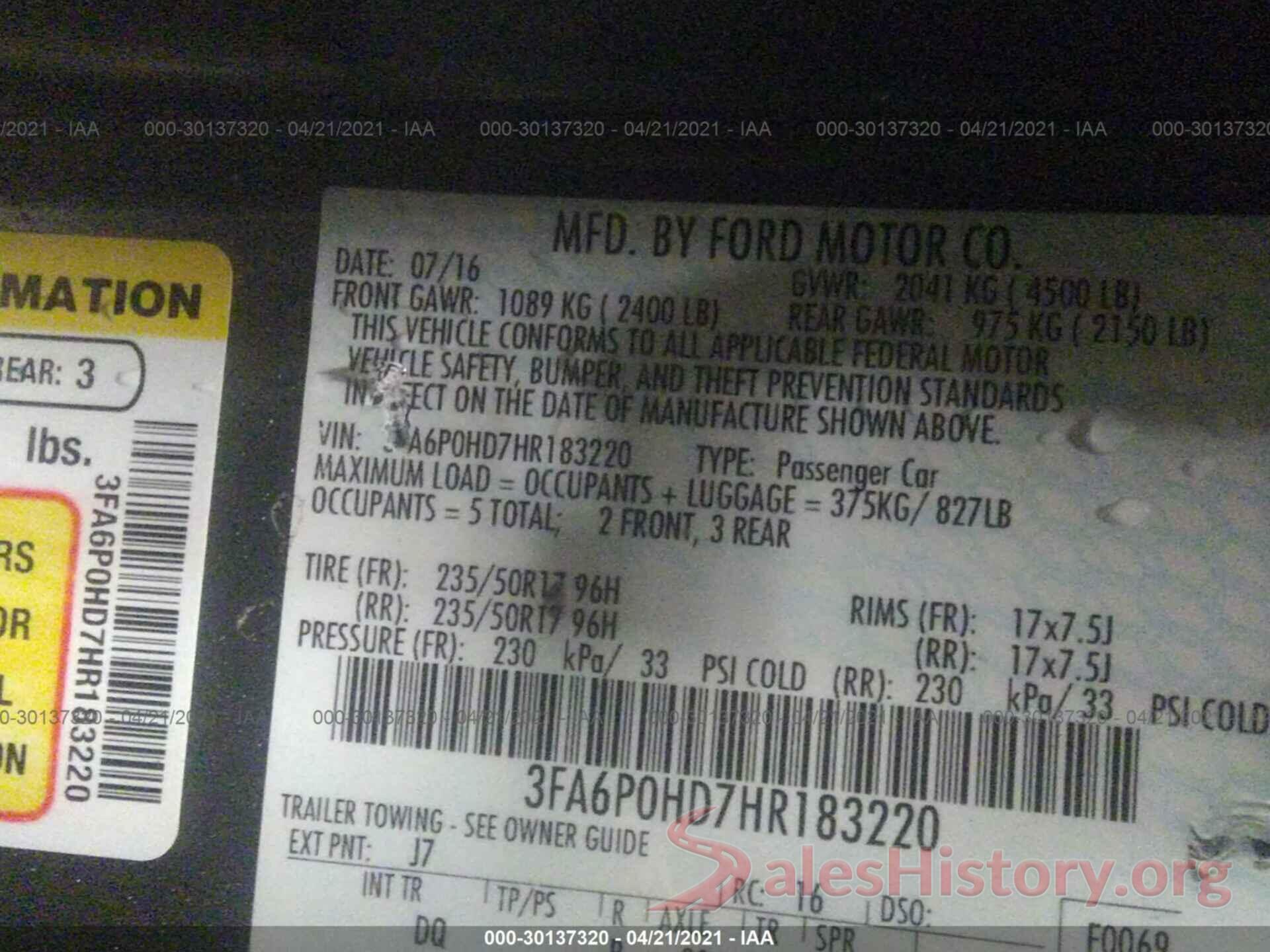 3FA6P0HD7HR183220 2017 FORD FUSION