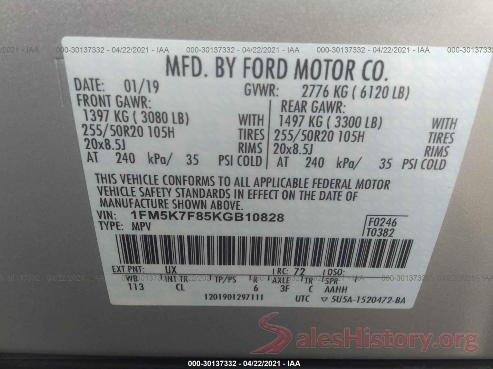 1FM5K7F85KGB10828 2019 FORD EXPLORER