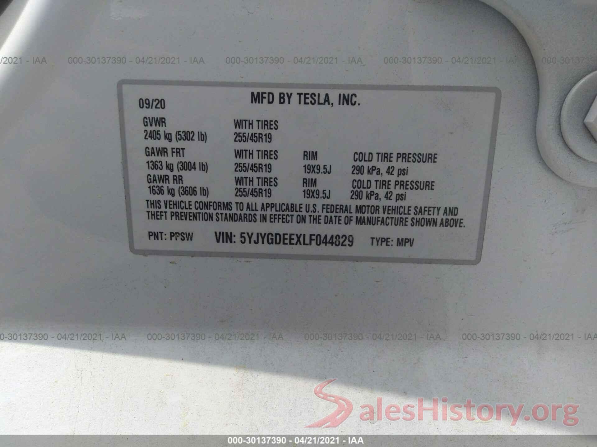 5YJYGDEEXLF044829 2020 TESLA MODEL Y