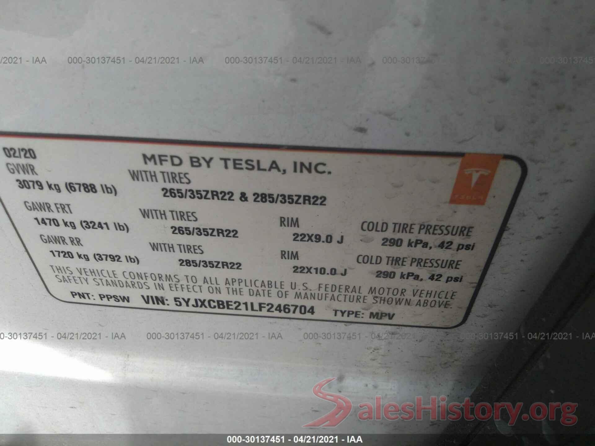 5YJXCBE21LF246704 2020 TESLA MODEL X