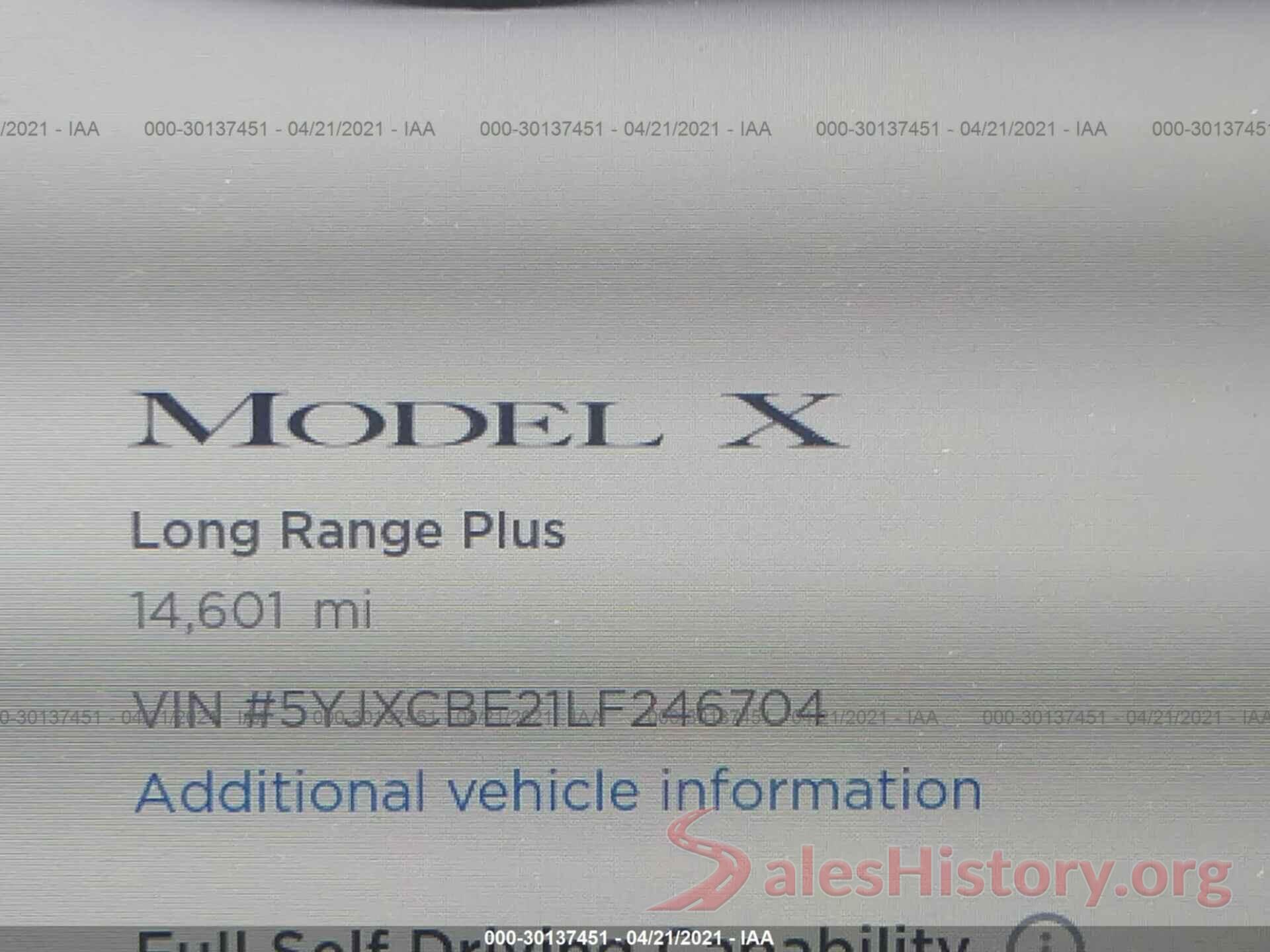 5YJXCBE21LF246704 2020 TESLA MODEL X