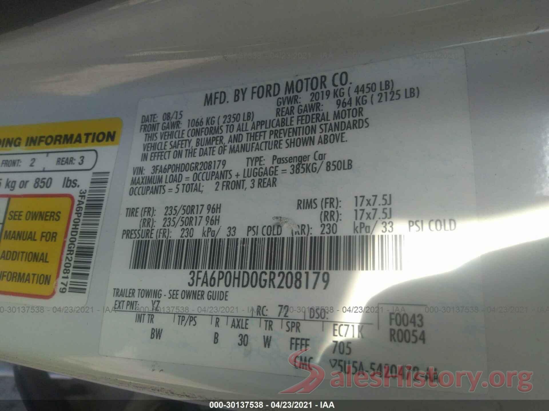 3FA6P0HD0GR208179 2016 FORD FUSION