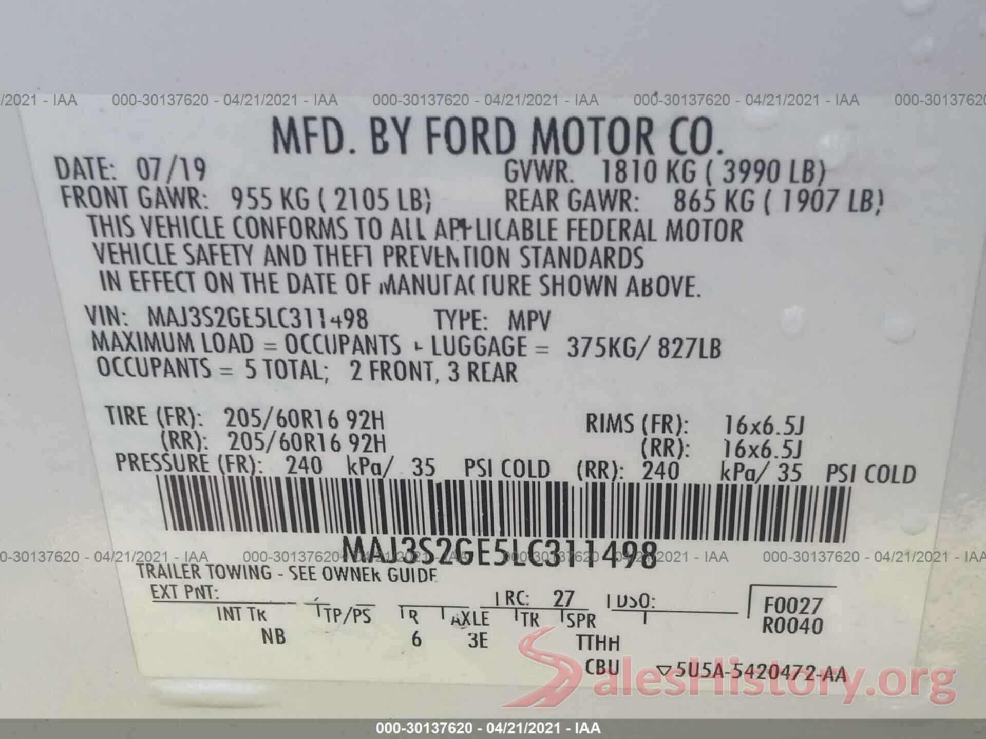 MAJ3S2GE5LC311498 2020 FORD ECOSPORT