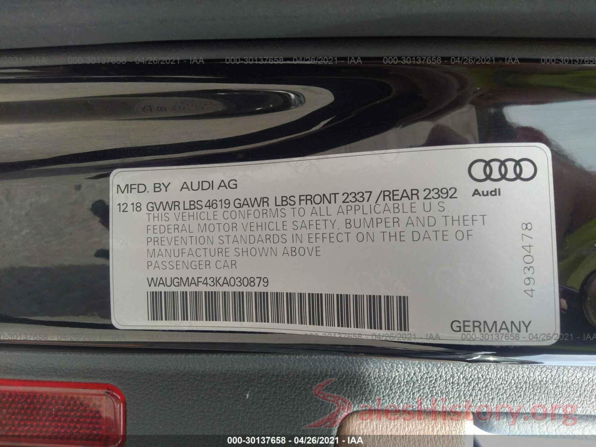 WAUGMAF43KA030879 2019 AUDI A4