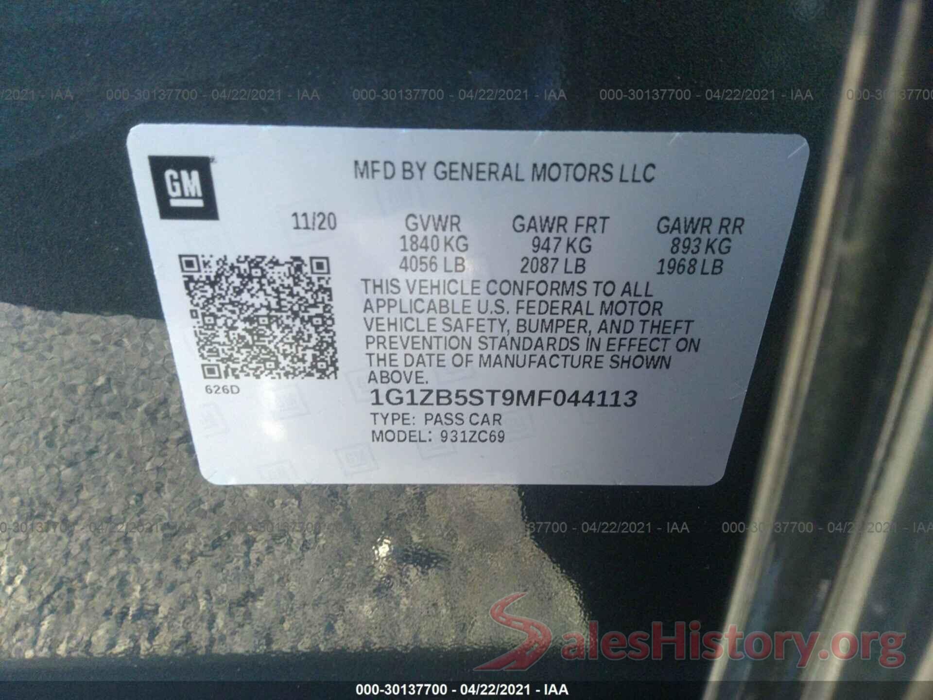 1G1ZB5ST9MF044113 2021 CHEVROLET MALIBU