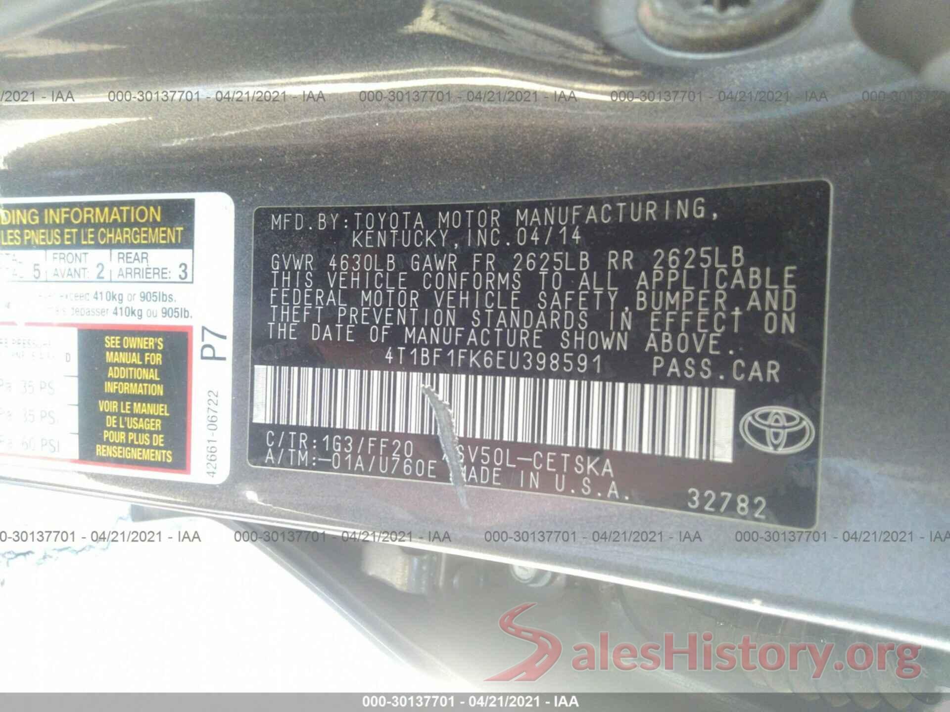 4T1BF1FK6EU398591 2014 TOYOTA CAMRY