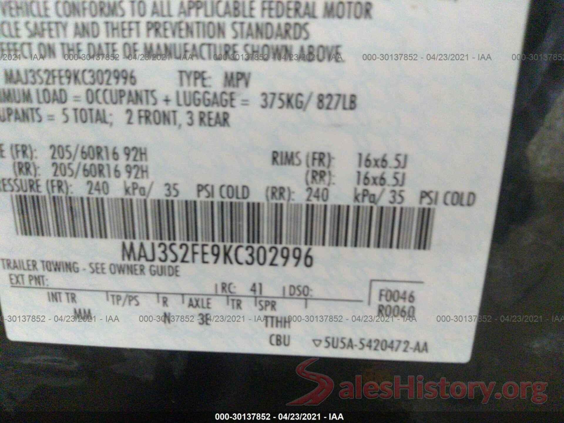 MAJ3S2FE9KC302996 2019 FORD ECOSPORT