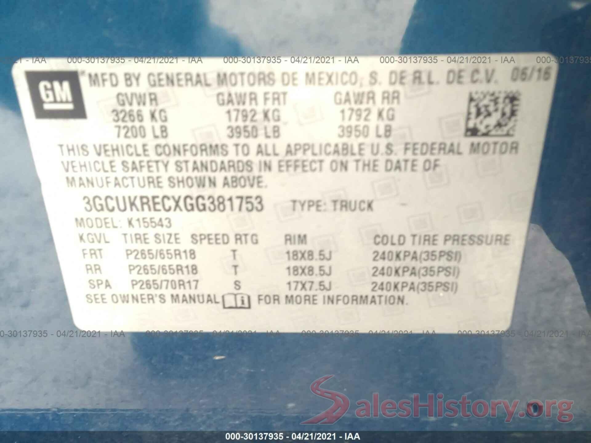 3GCUKRECXGG381753 2016 CHEVROLET SILVERADO 1500