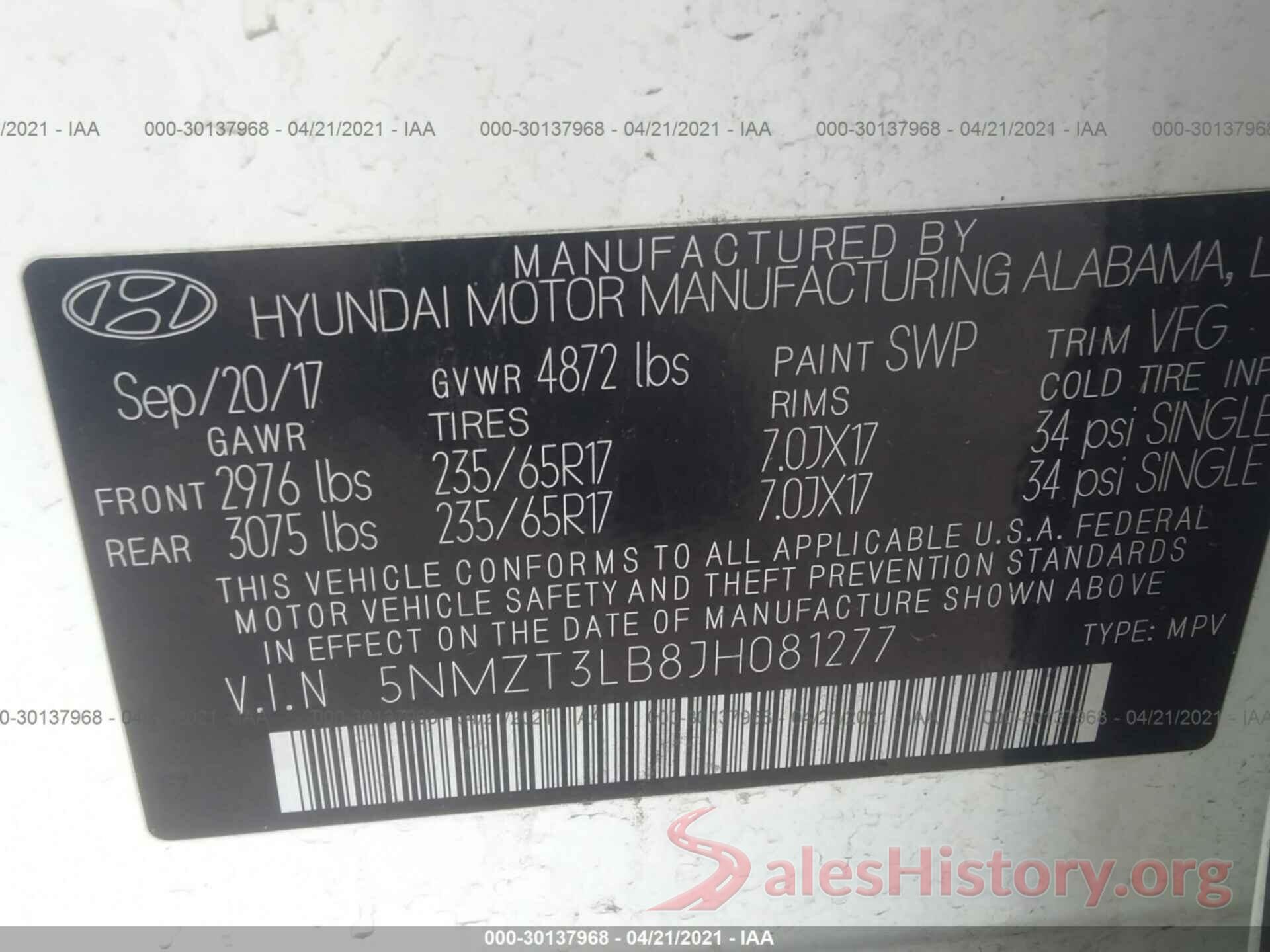 5NMZT3LB8JH081277 2018 HYUNDAI SANTA FE SPORT