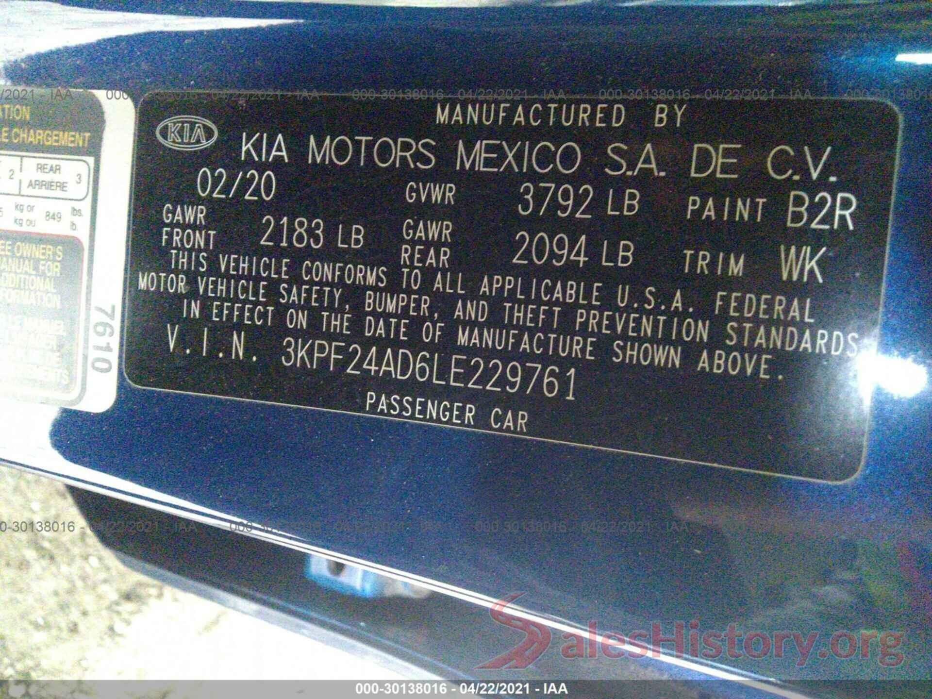 3KPF24AD6LE229761 2020 KIA FORTE