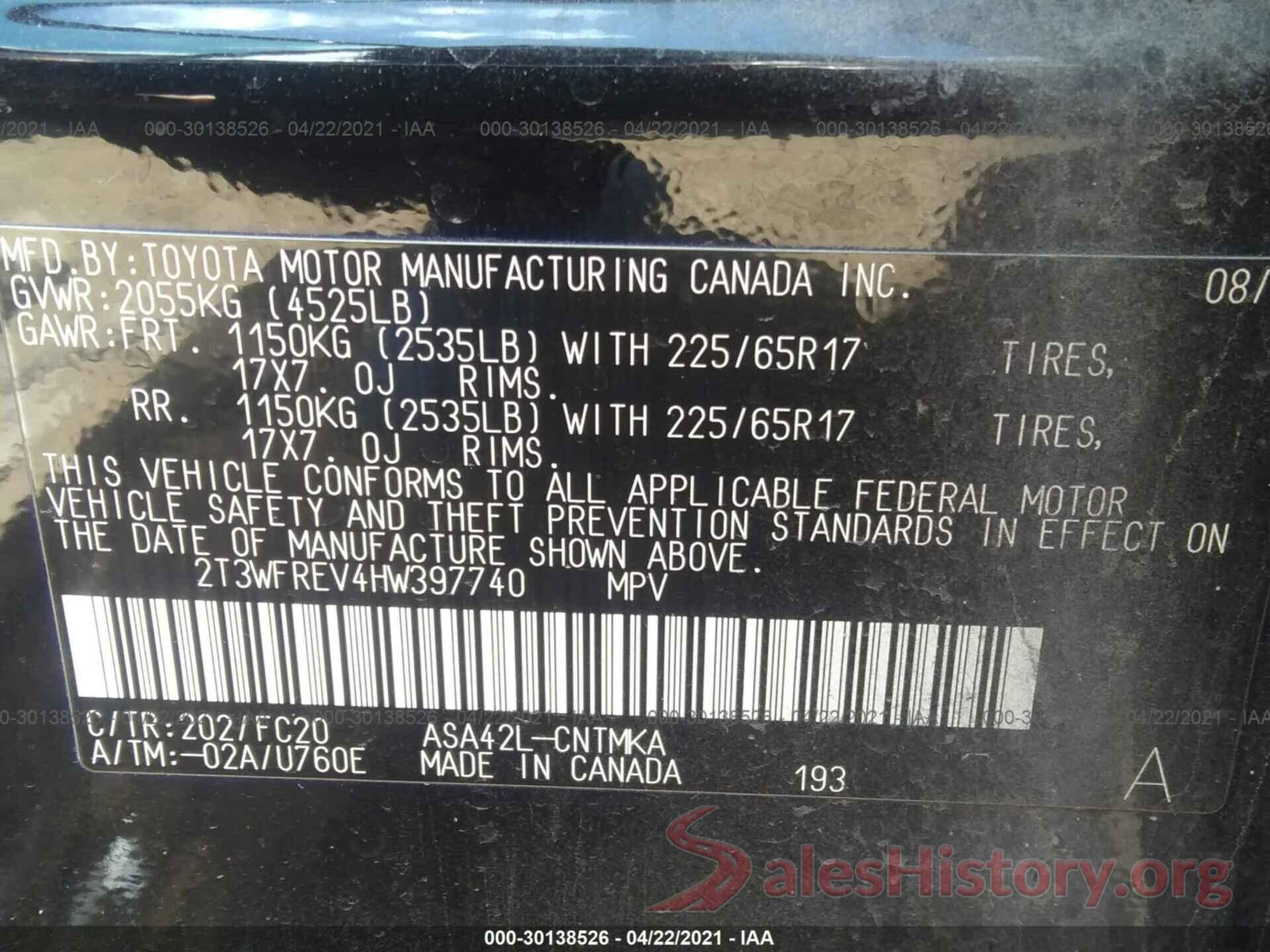 2T3WFREV4HW397740 2017 TOYOTA RAV4