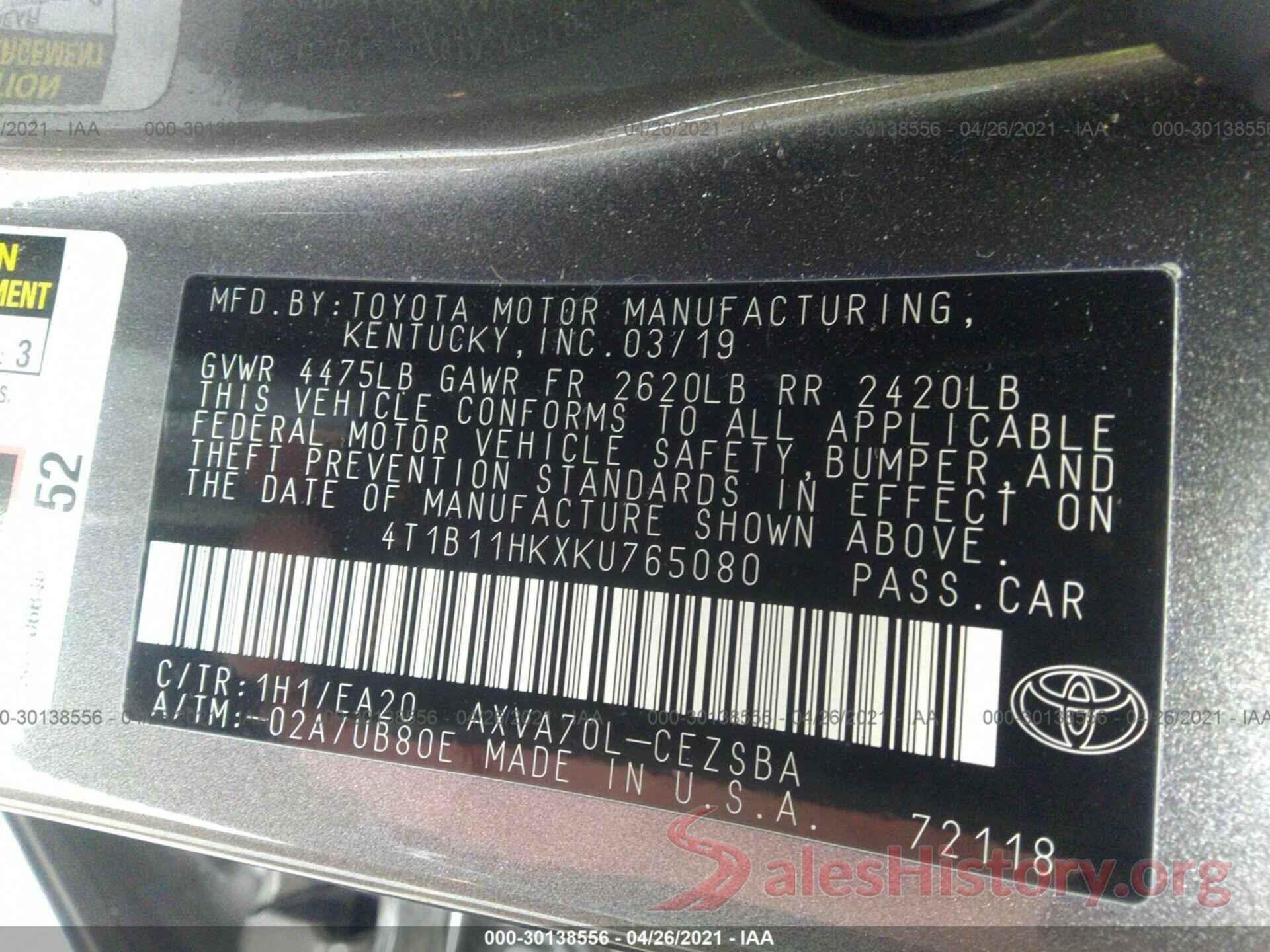 4T1B11HKXKU765080 2019 TOYOTA CAMRY