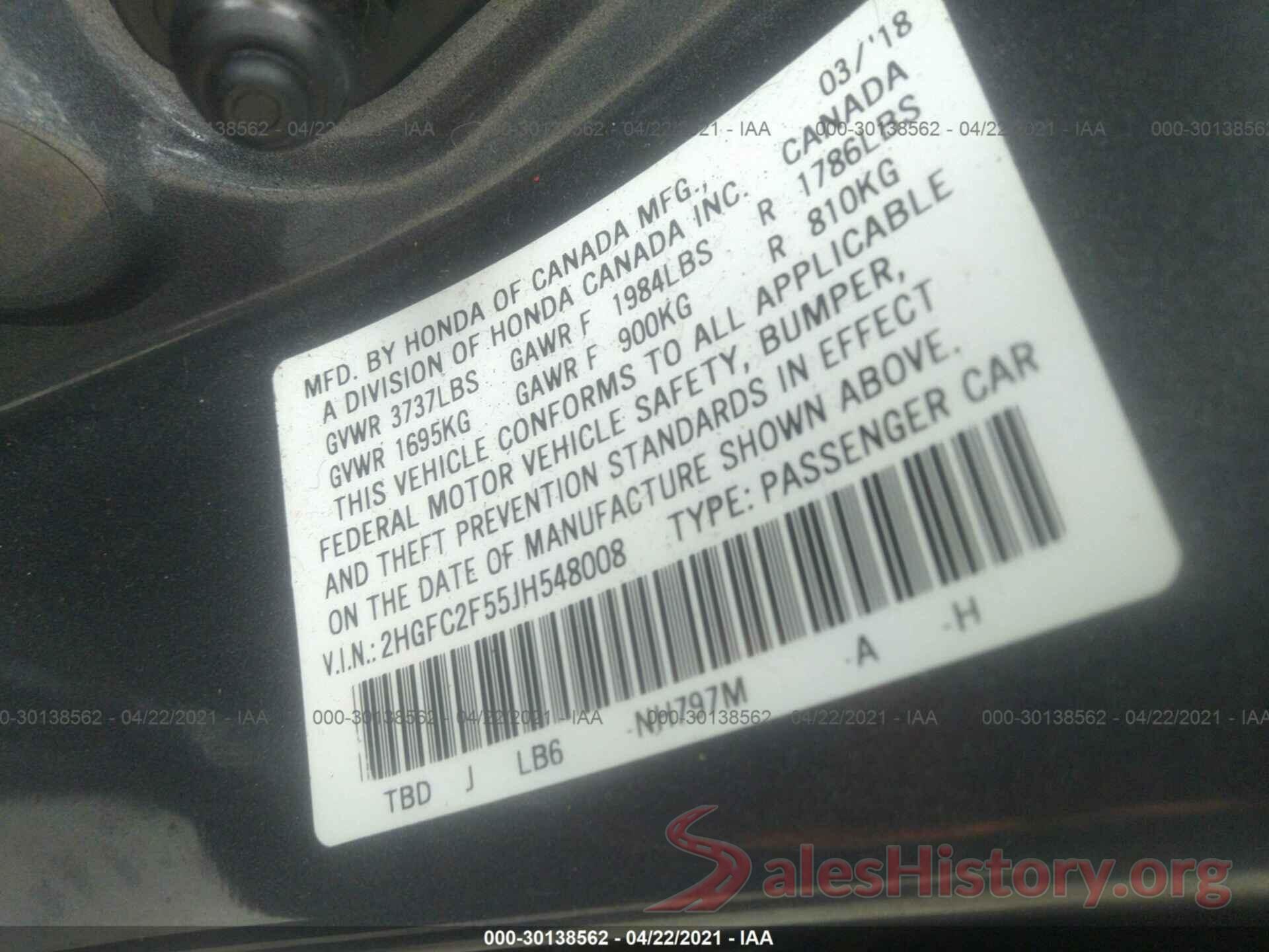 2HGFC2F55JH548008 2018 HONDA CIVIC SEDAN