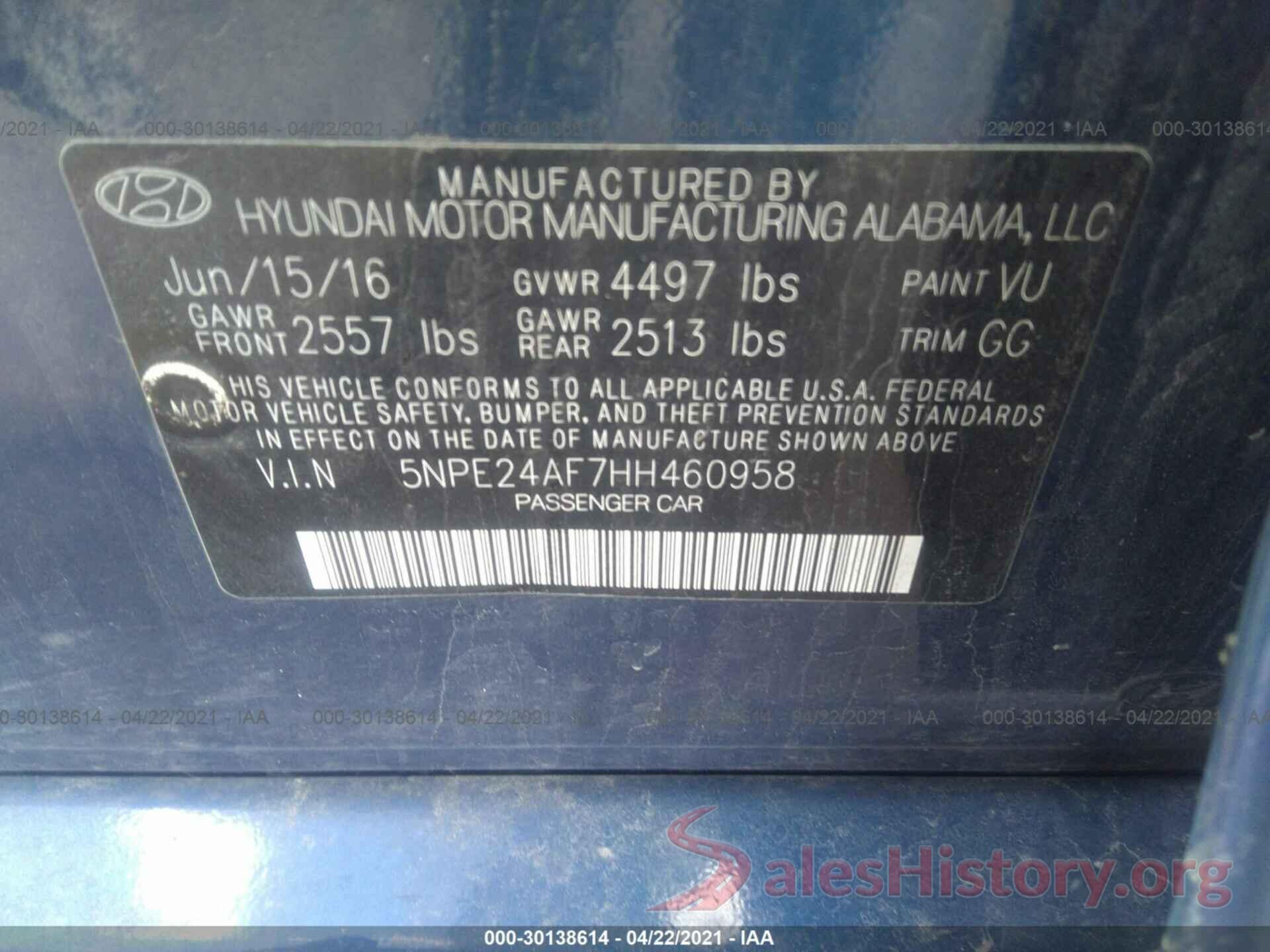 5NPE24AF7HH460958 2017 HYUNDAI SONATA