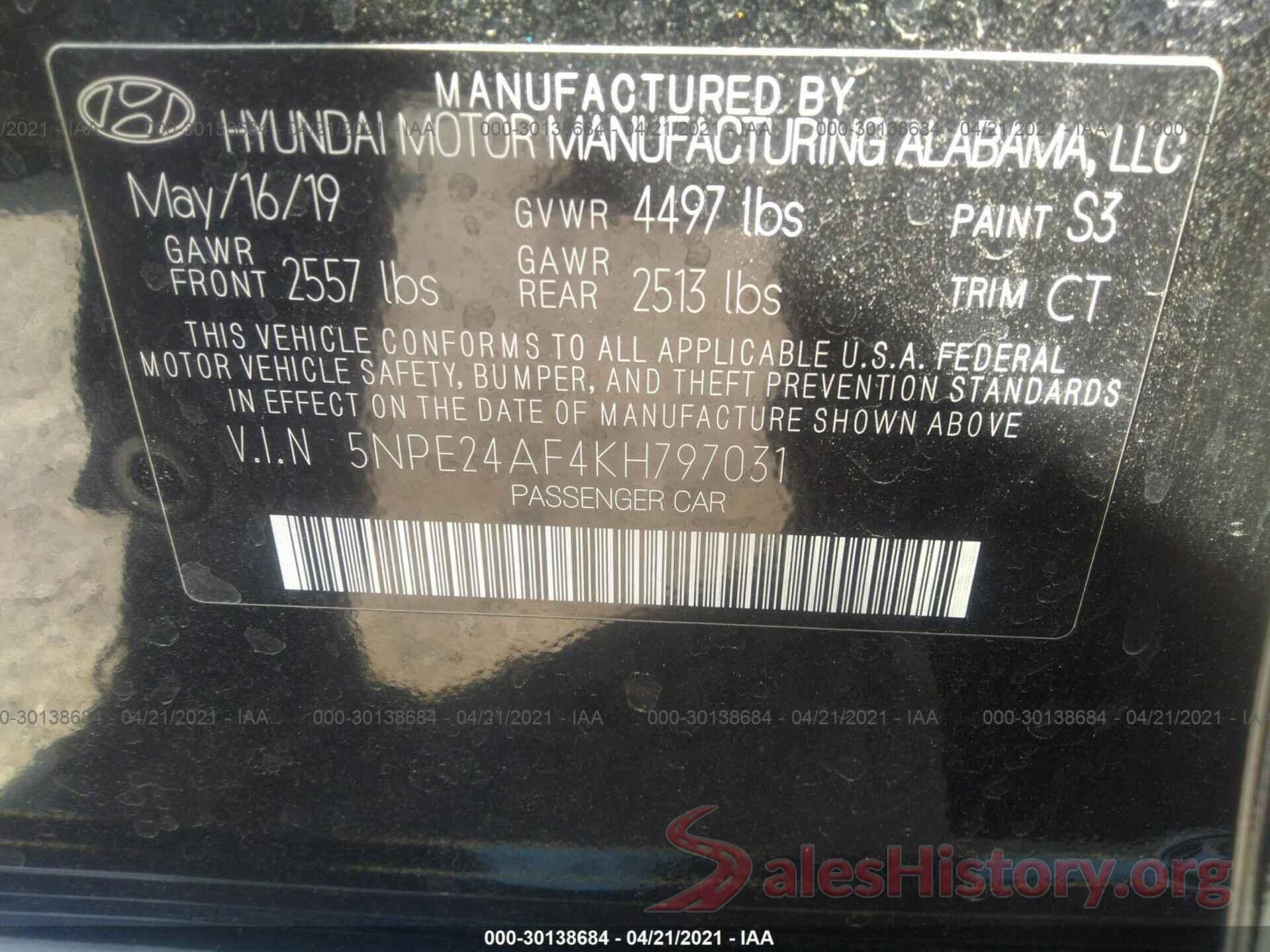 5NPE24AF4KH797031 2019 HYUNDAI SONATA