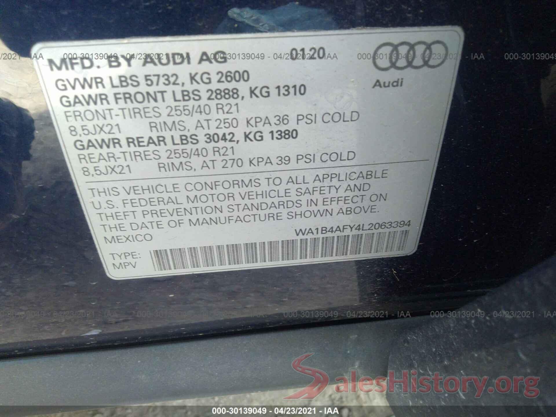 WA1B4AFY4L2063394 2020 AUDI SQ5