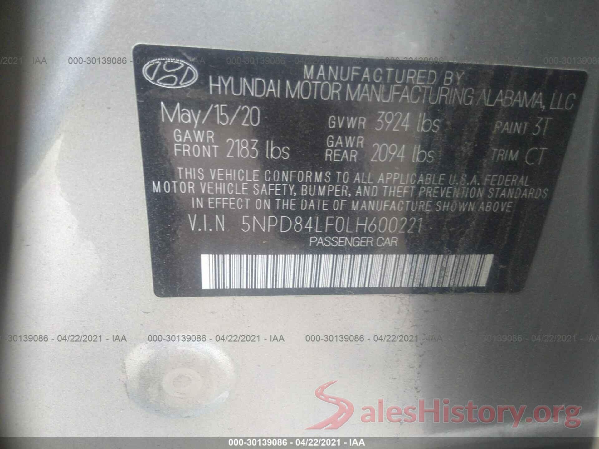 5NPD84LF0LH600221 2020 HYUNDAI ELANTRA