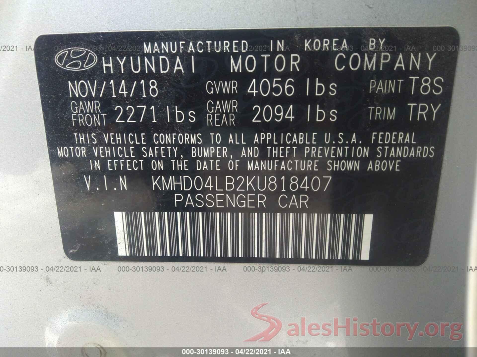 KMHD04LB2KU818407 2019 HYUNDAI ELANTRA