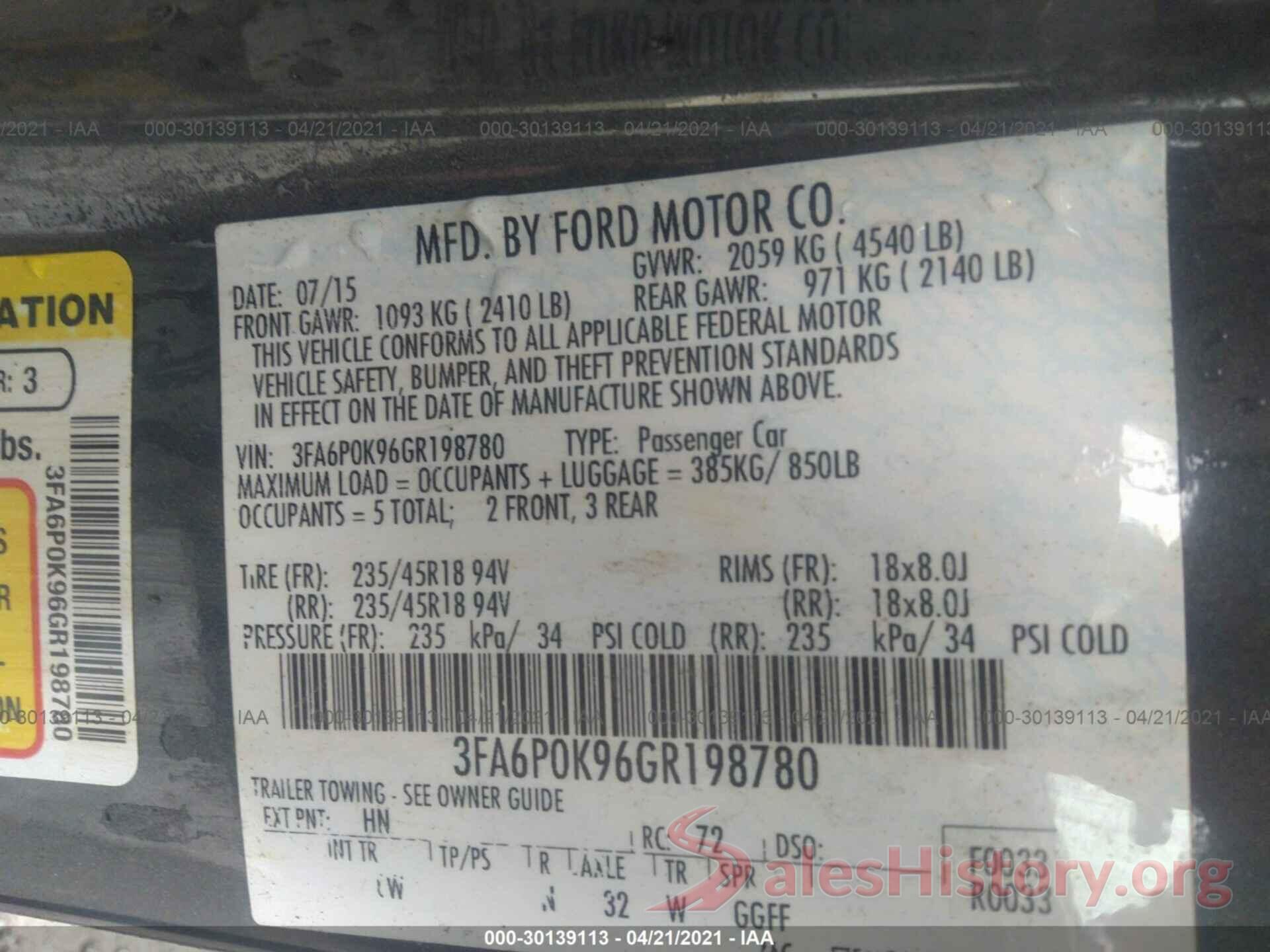 3FA6P0K96GR198780 2016 FORD FUSION