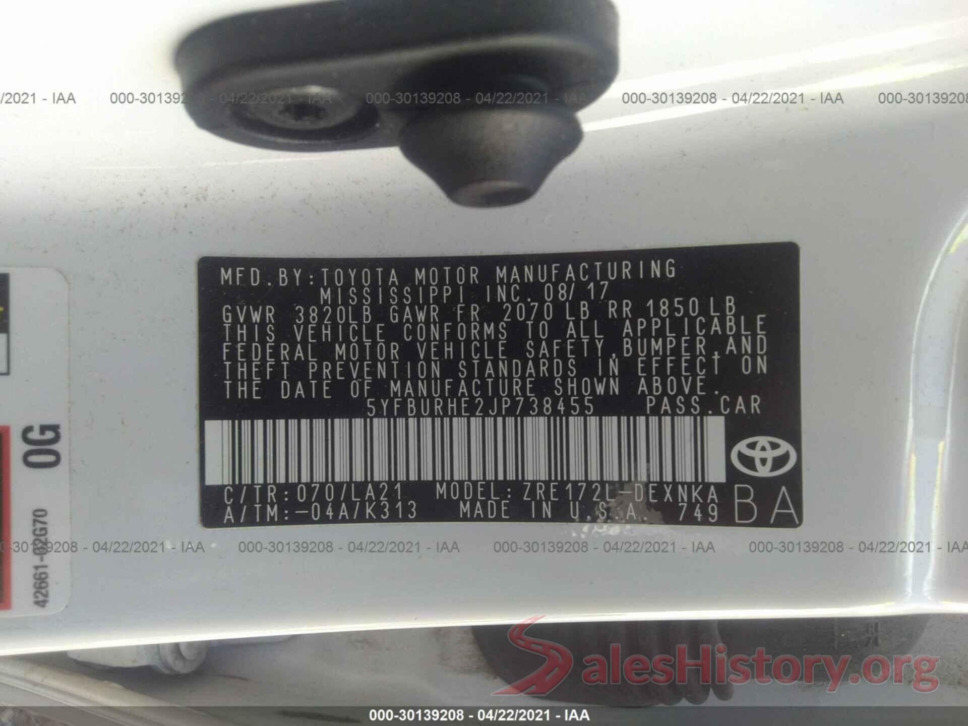 5YFBURHE2JP738455 2018 TOYOTA COROLLA