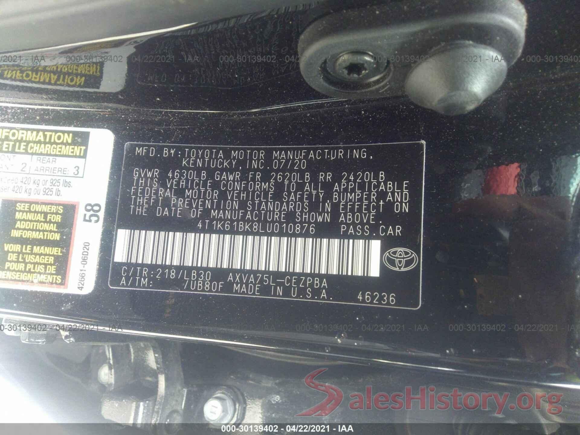 4T1K61BK8LU010876 2020 TOYOTA CAMRY