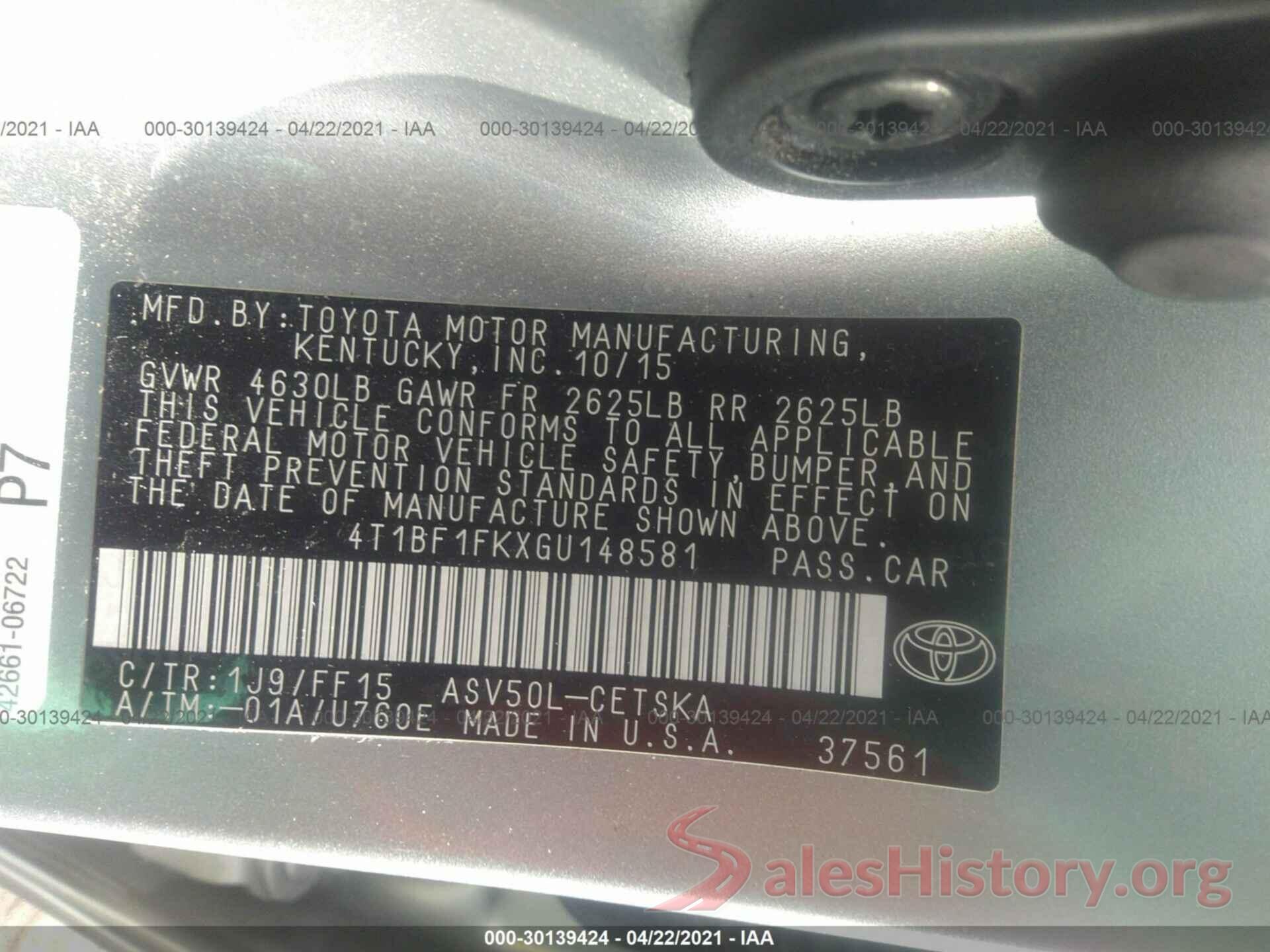 4T1BF1FKXGU148581 2016 TOYOTA CAMRY