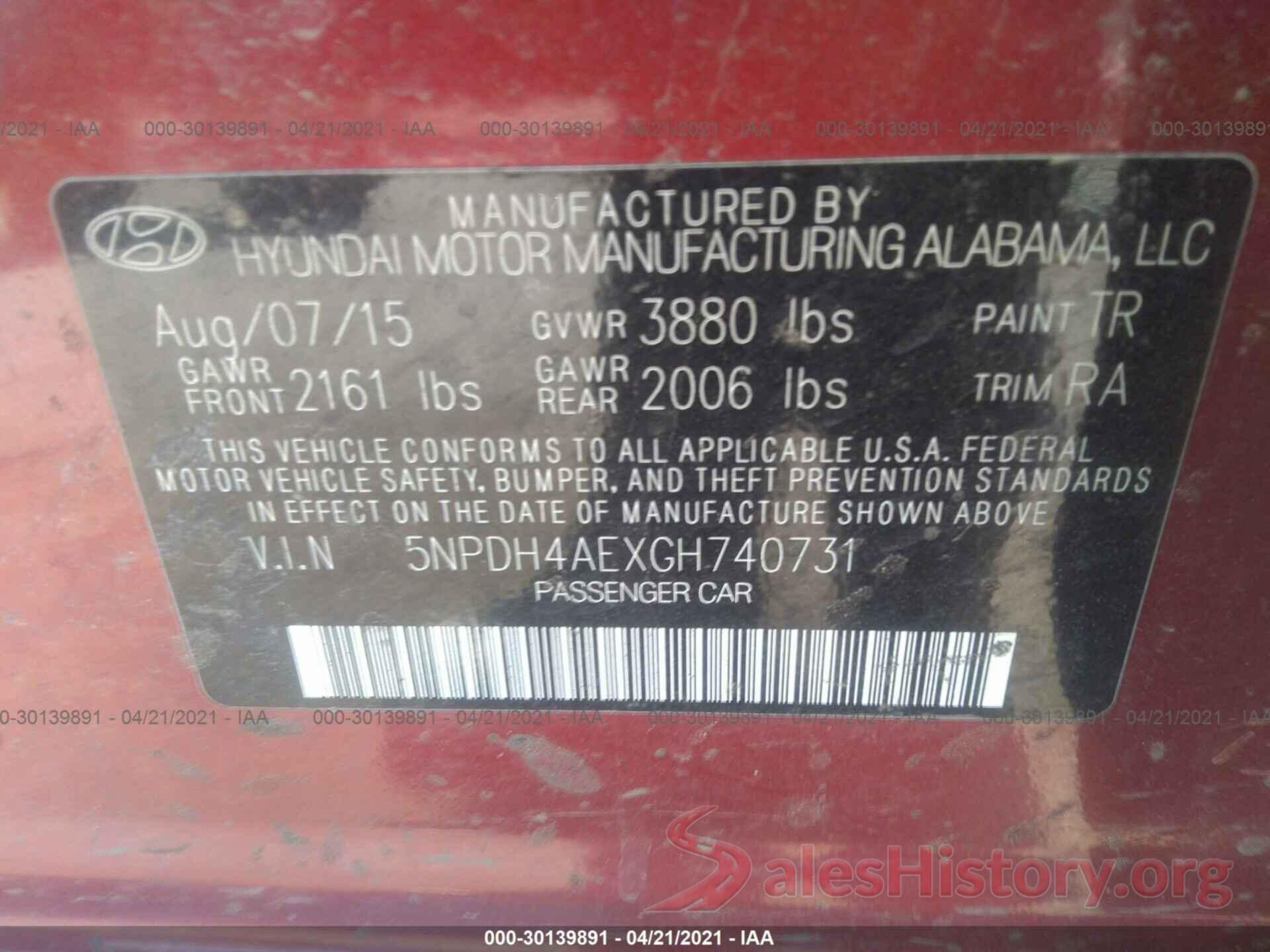 5NPDH4AEXGH740731 2016 HYUNDAI ELANTRA