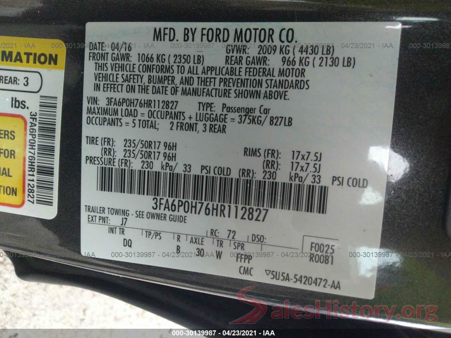 3FA6P0H76HR112827 2017 FORD FUSION