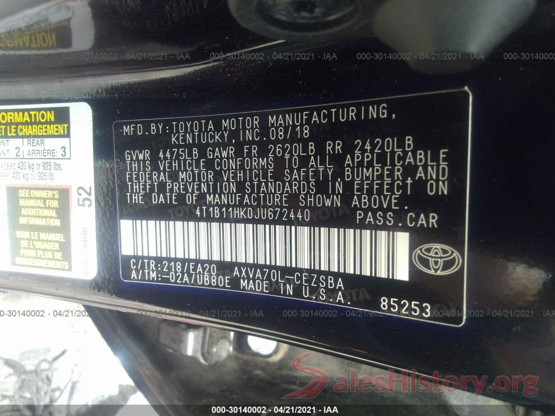 4T1B11HK0JU672440 2018 TOYOTA CAMRY