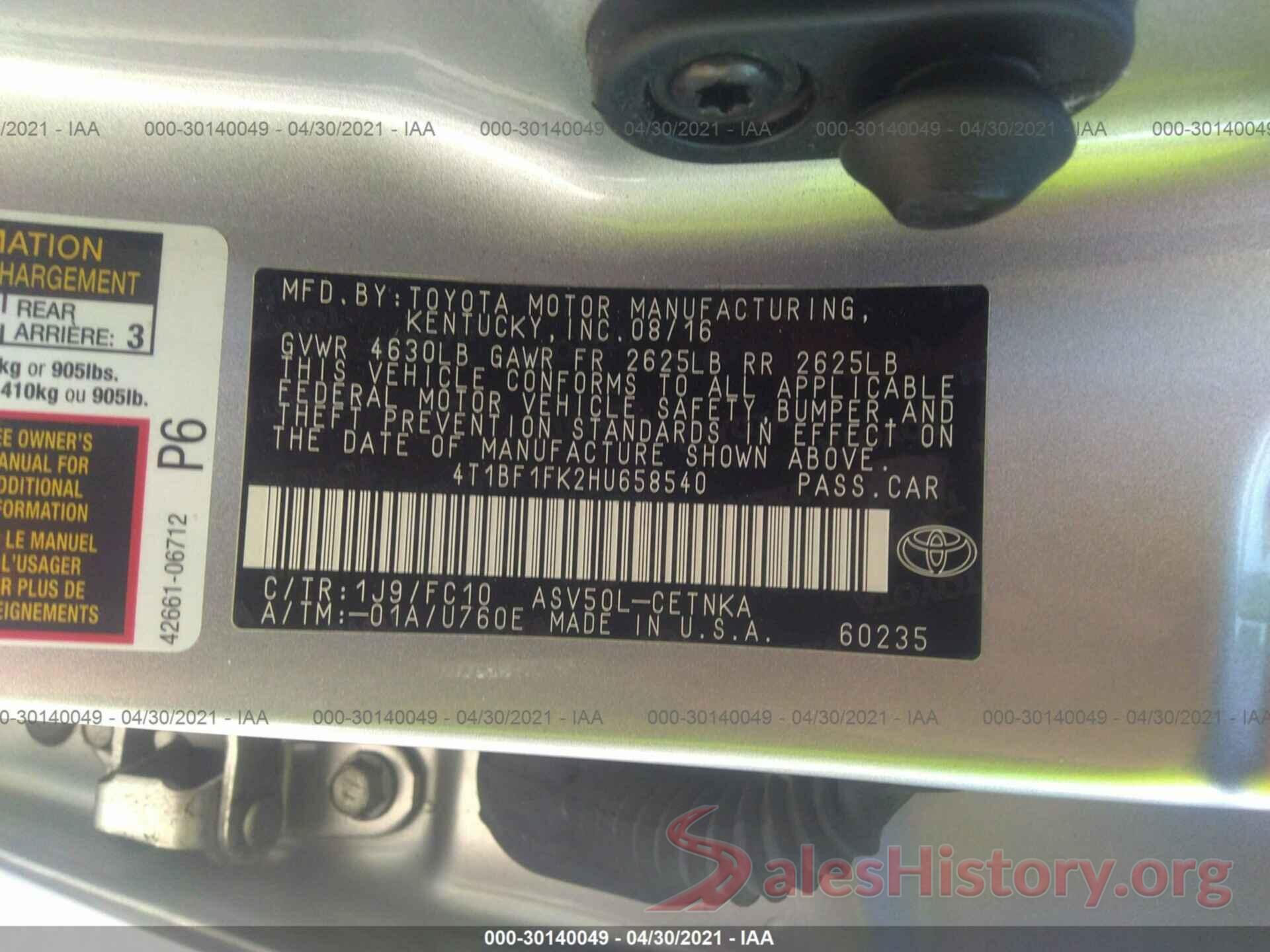 4T1BF1FK2HU658540 2017 TOYOTA CAMRY