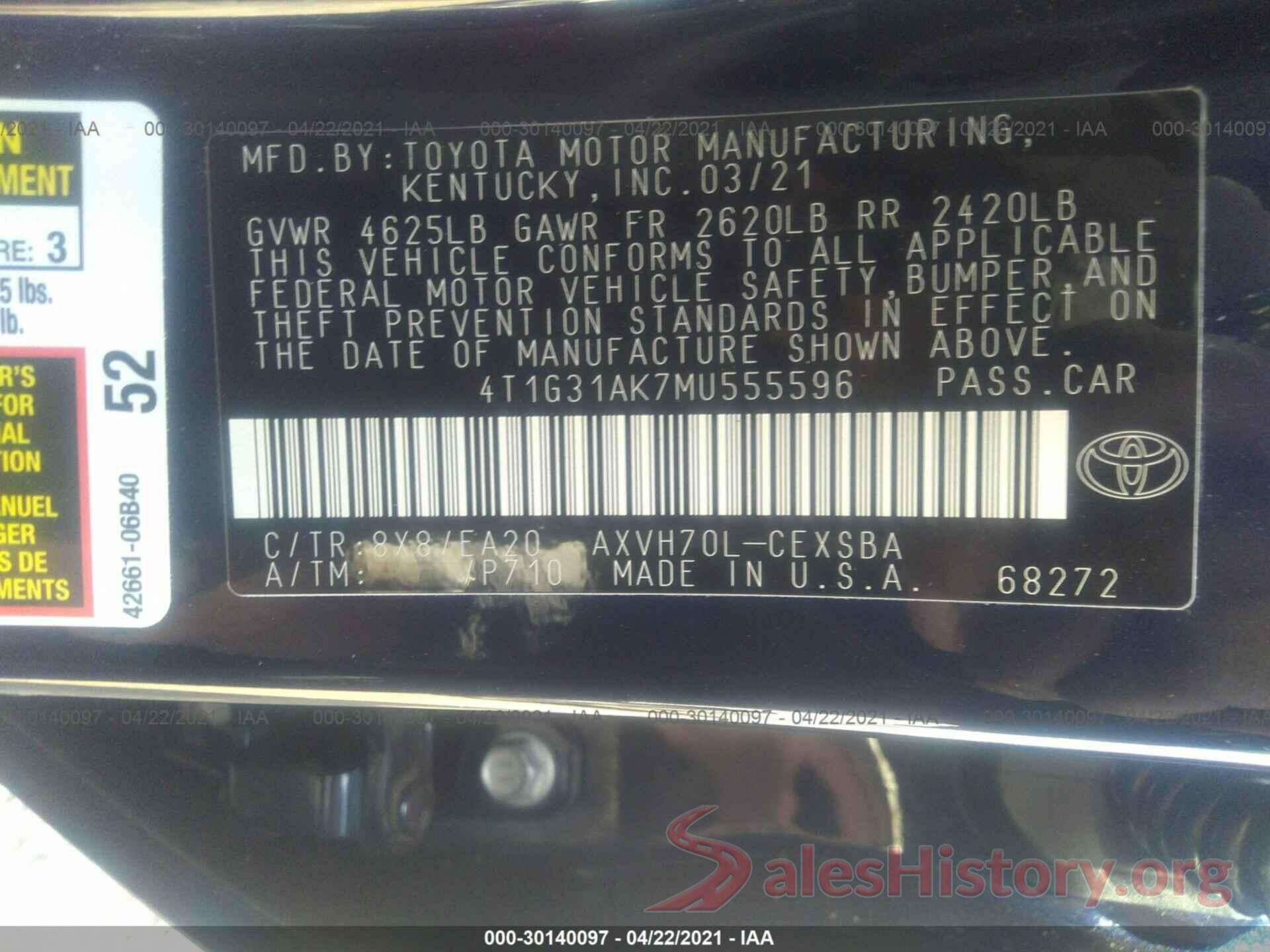 4T1G31AK7MU555596 2021 TOYOTA CAMRY