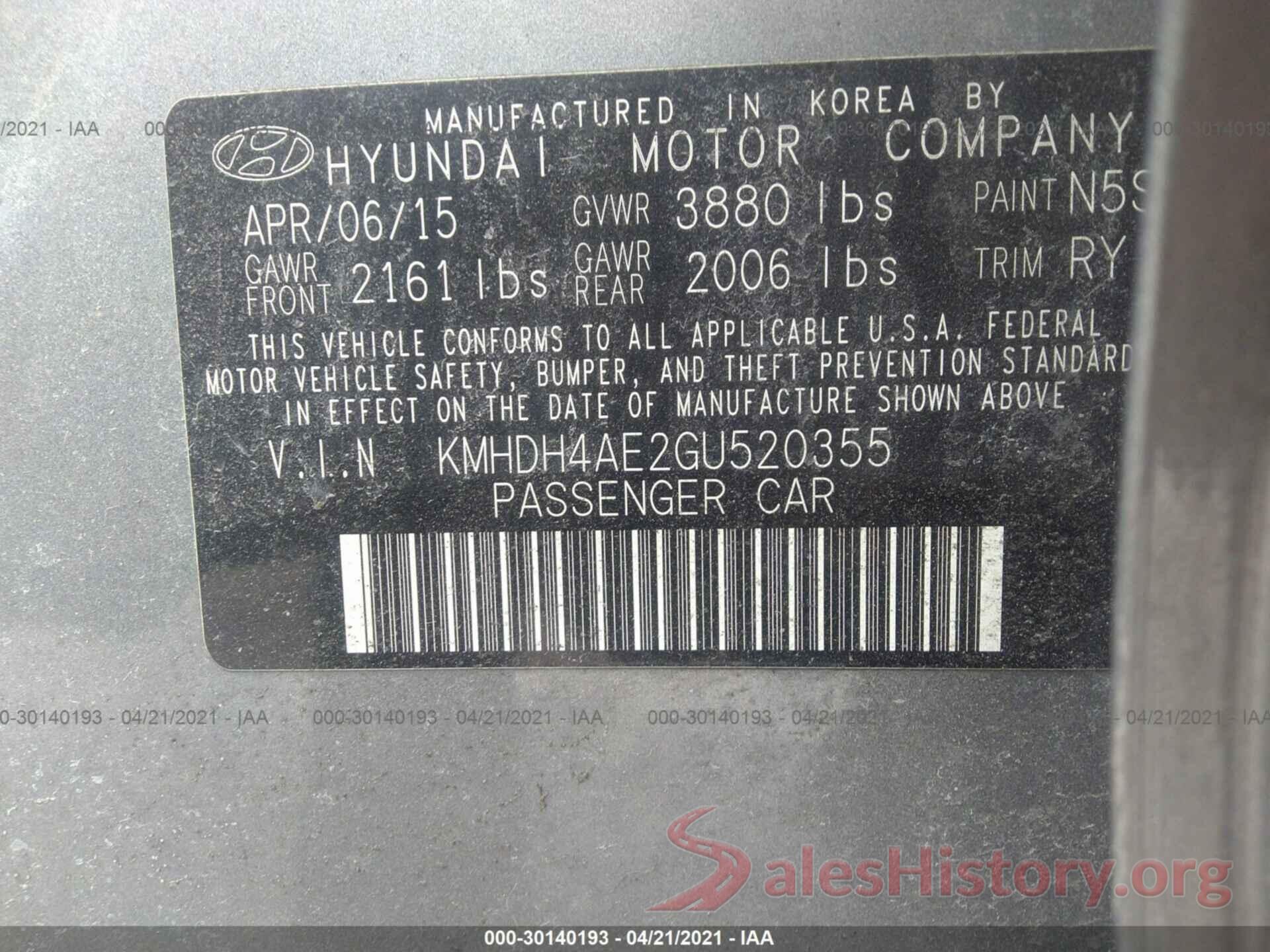 KMHDH4AE2GU520355 2016 HYUNDAI ELANTRA