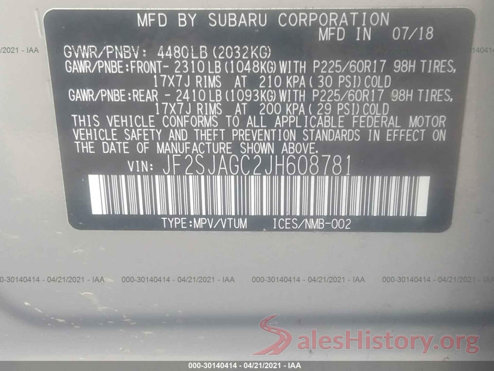 JF2SJAGC2JH608781 2018 SUBARU FORESTER