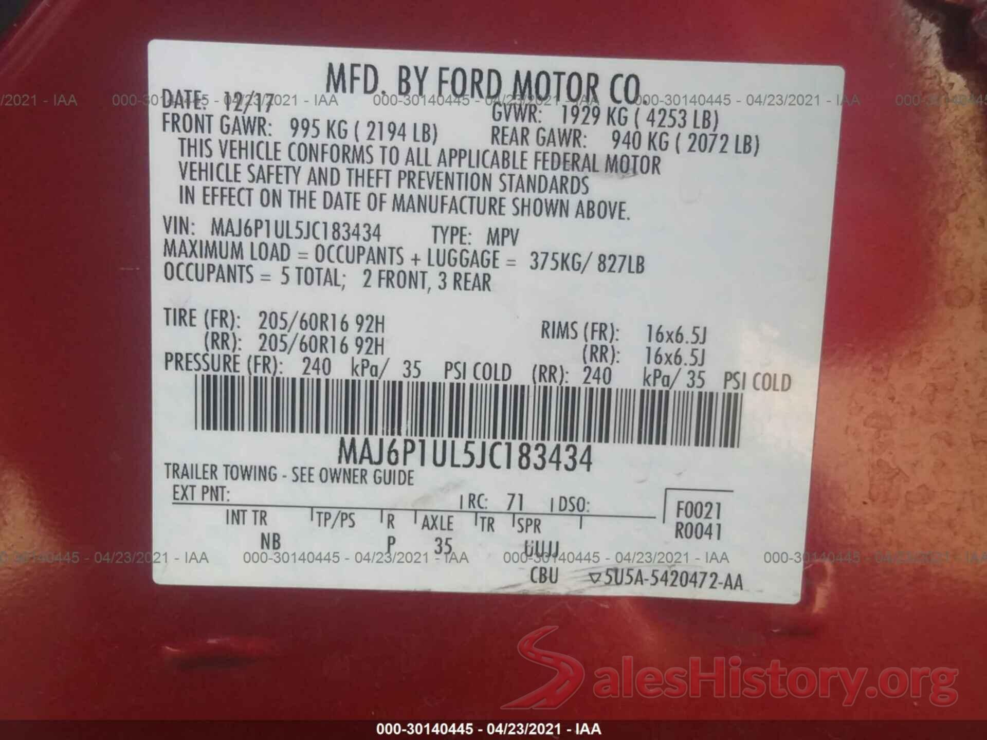 MAJ6P1UL5JC183434 2018 FORD ECOSPORT